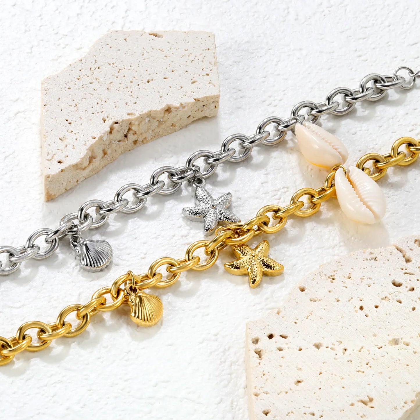 🌊Ocean Charm Bracelet Set Starfish+Scallop+Shell Charms | Stainless Steel Silver/Gold Chain 17+3cm | Wholesale Coastal Jewelry