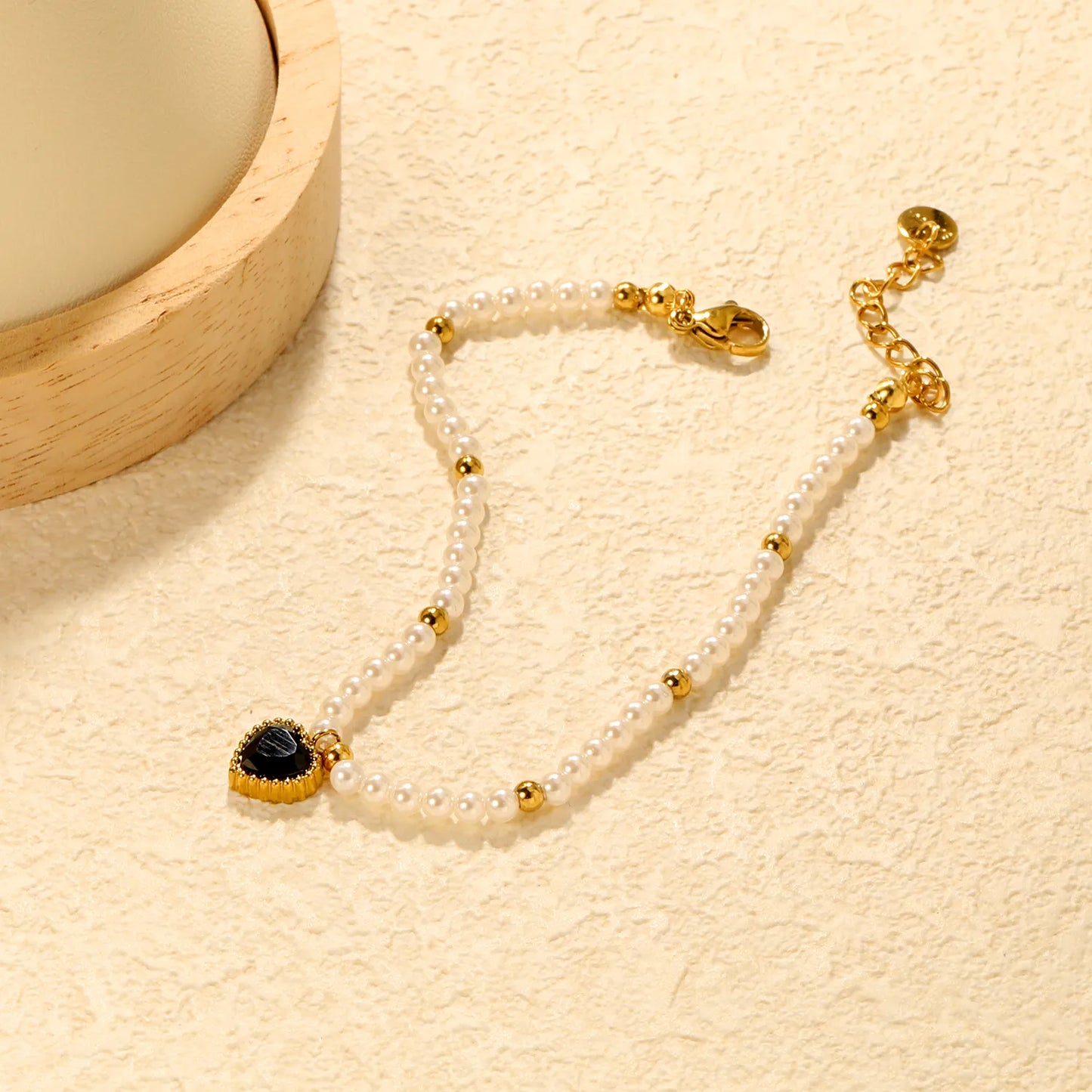 ✨Wholesale Gold Heart Pendant Bracelet: White/Black/Red/Pink/Green Zircon + Pearl Beads | 18+3cm Extender | Stainless Steel Bulk Jewelry