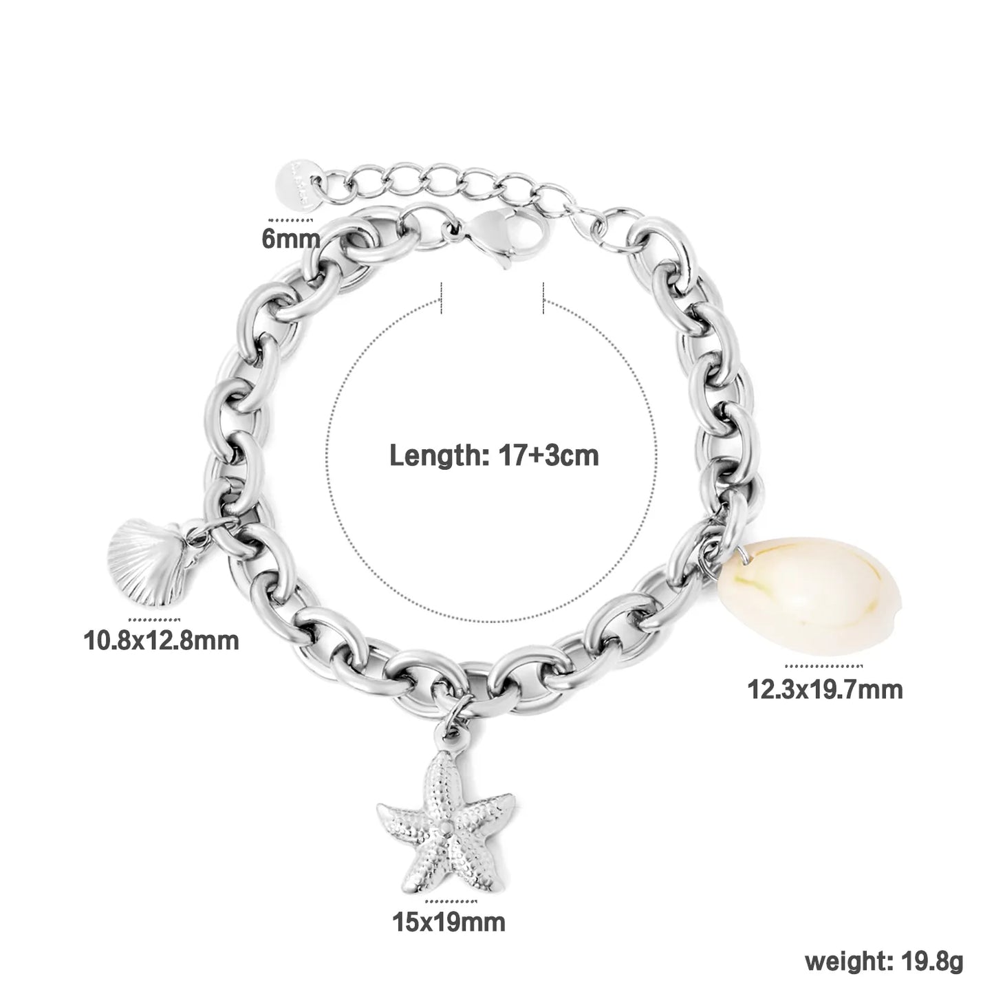 🌊Ocean Charm Bracelet Set Starfish+Scallop+Shell Charms | Stainless Steel Silver/Gold Chain 17+3cm | Wholesale Coastal Jewelry