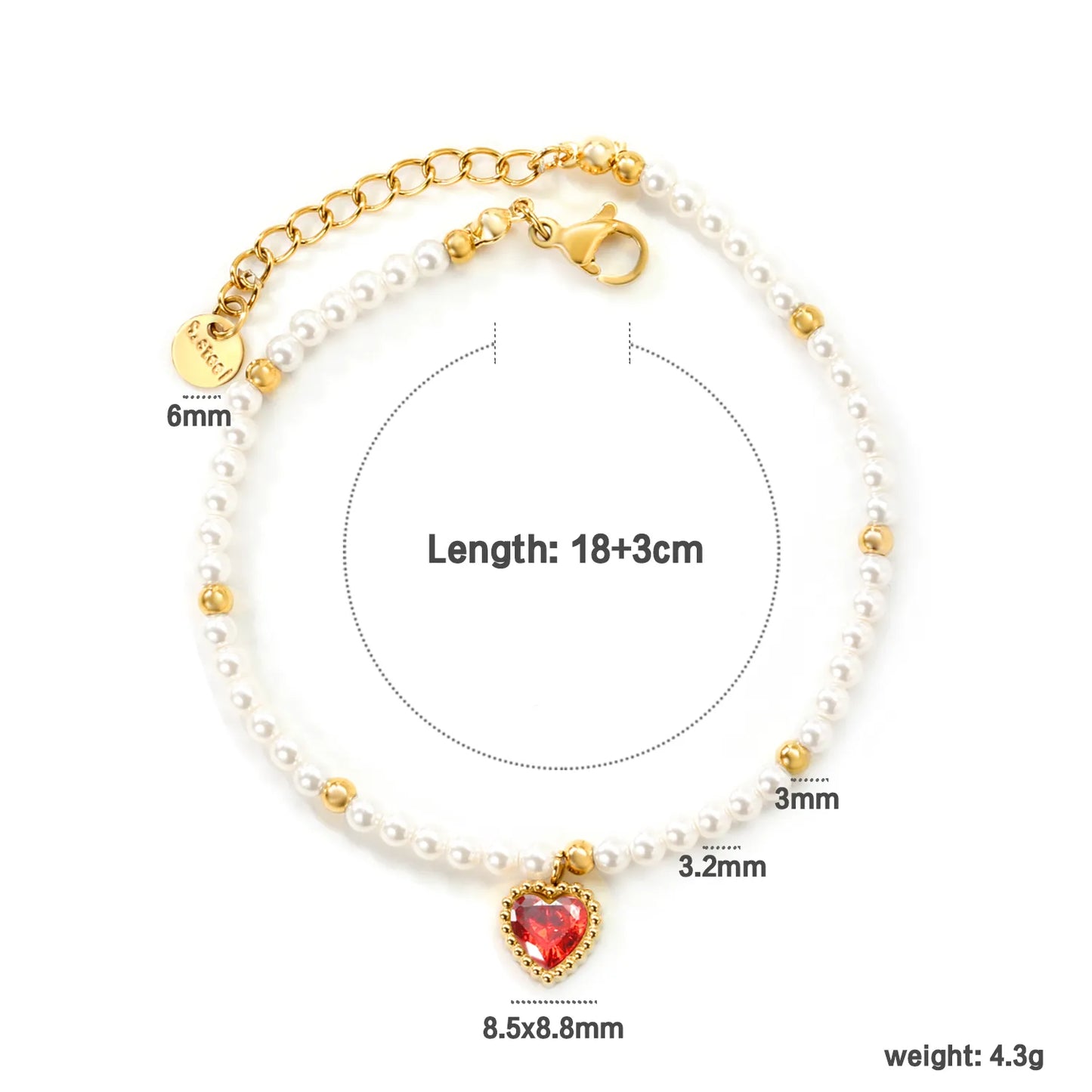 ✨Wholesale Gold Heart Pendant Bracelet: White/Black/Red/Pink/Green Zircon + Pearl Beads | 18+3cm Extender | Stainless Steel Bulk Jewelry