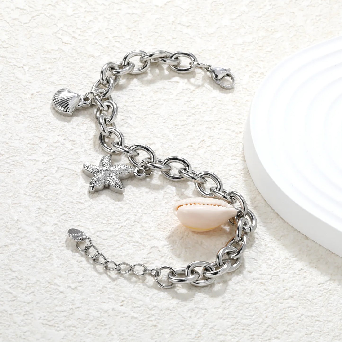 🌊Ocean Charm Bracelet Set Starfish+Scallop+Shell Charms | Stainless Steel Silver/Gold Chain 17+3cm | Wholesale Coastal Jewelry