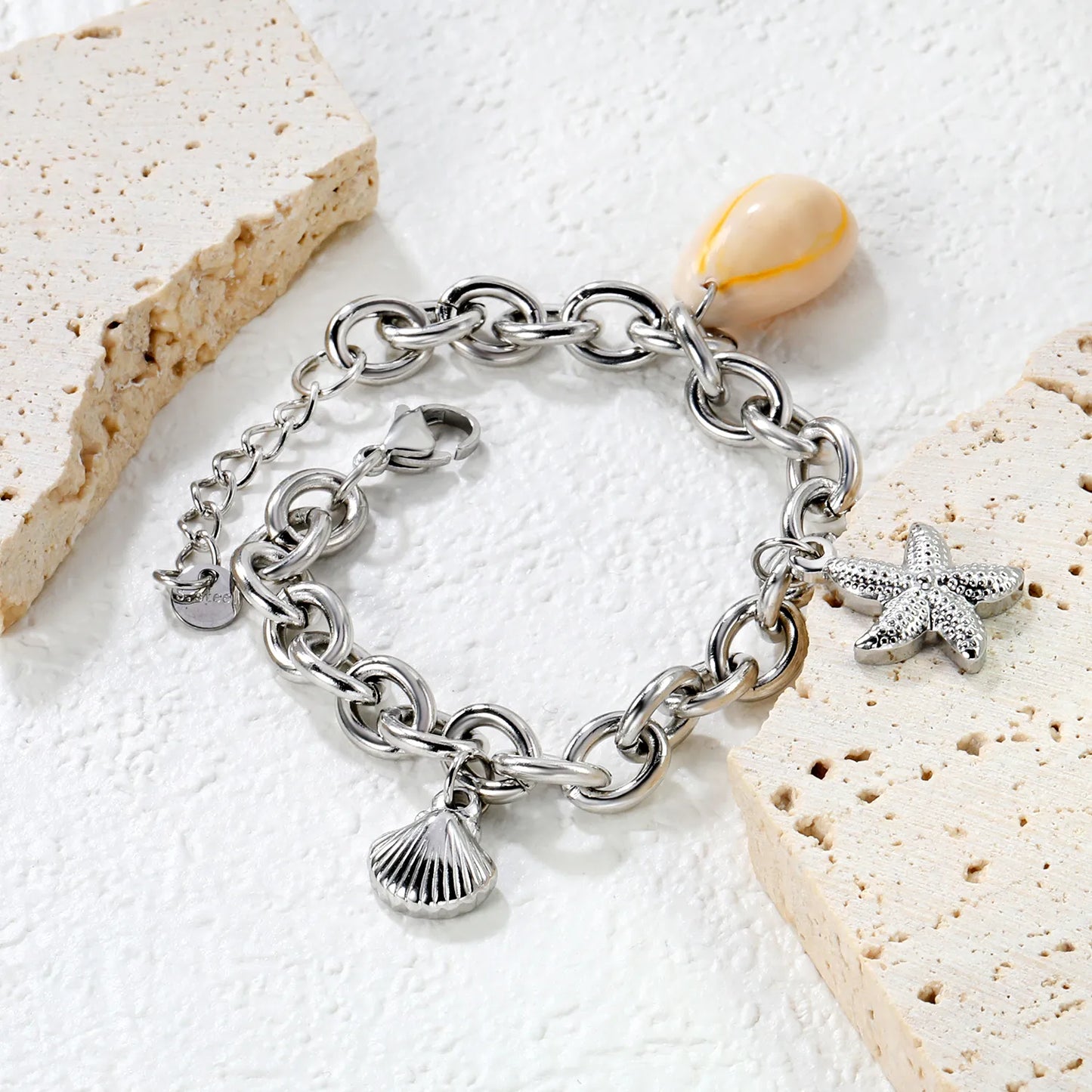 🌊Ocean Charm Bracelet Set Starfish+Scallop+Shell Charms | Stainless Steel Silver/Gold Chain 17+3cm | Wholesale Coastal Jewelry
