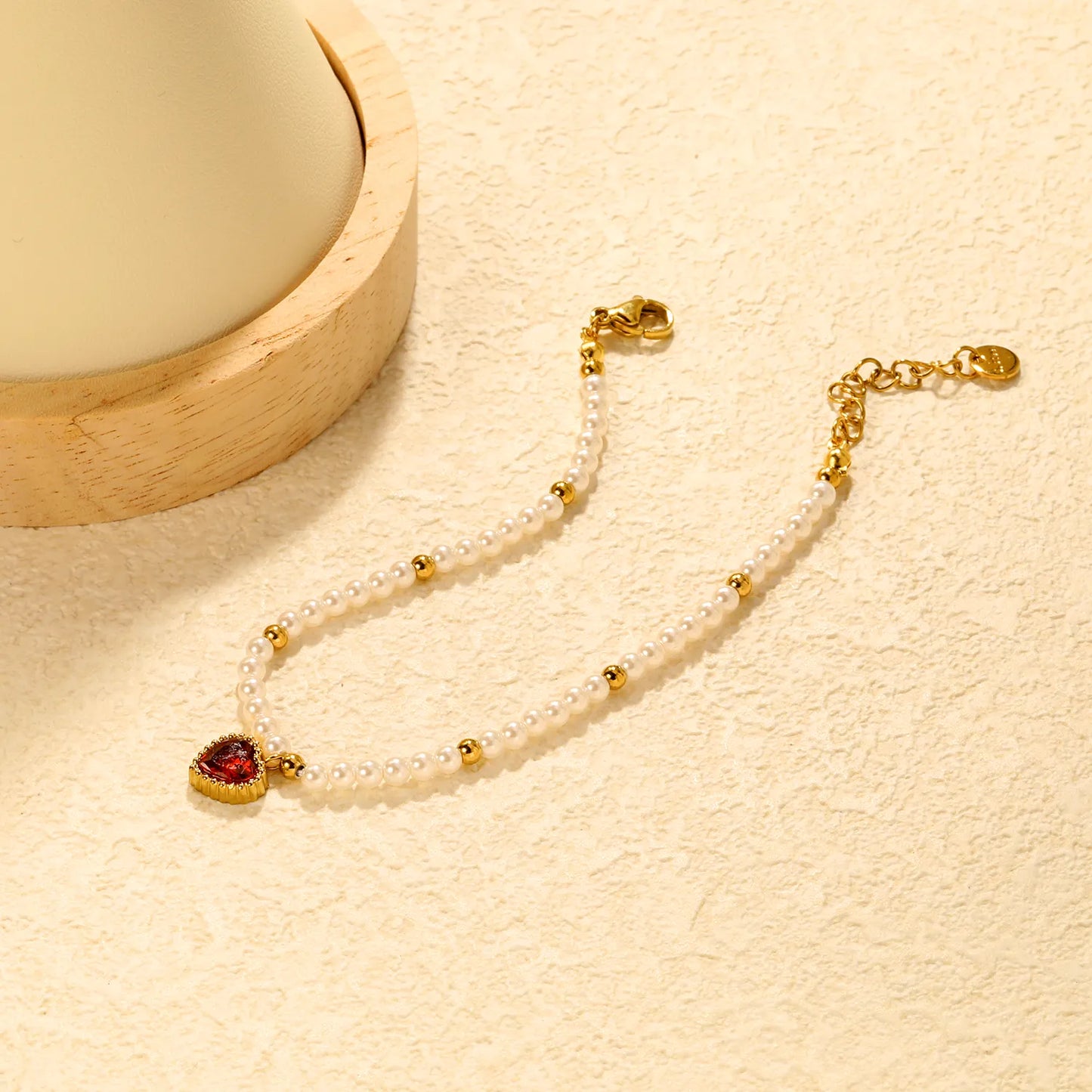✨Wholesale Gold Heart Pendant Bracelet: White/Black/Red/Pink/Green Zircon + Pearl Beads | 18+3cm Extender | Stainless Steel Bulk Jewelry
