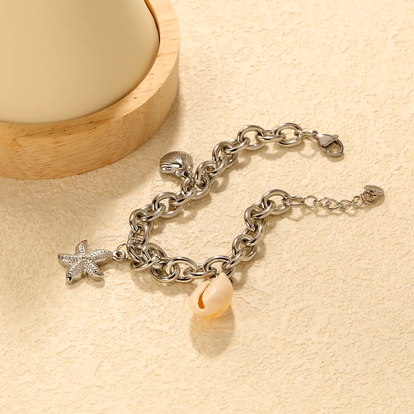 🌊Ocean Charm Bracelet Set Starfish+Scallop+Shell Charms | Stainless Steel Silver/Gold Chain 17+3cm | Wholesale Coastal Jewelry