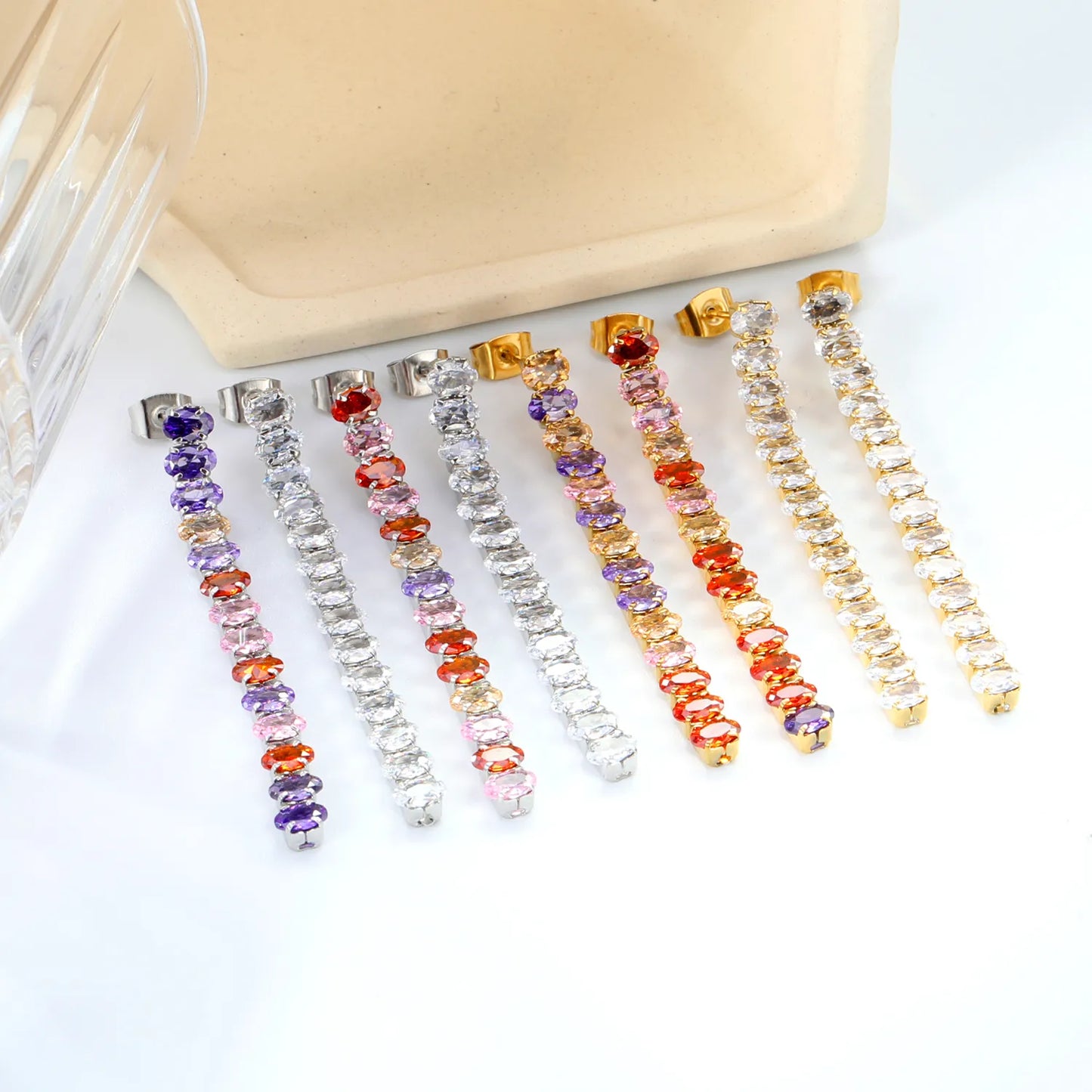 Wholesale 5.5cmX3x5mm White Zircon&Rainbow Zircon Stainless Steel Hypoallergenic Drop Earrings – Bulk Wholesale (12+ Pairs) 🌍 EU/US Supplier Trendy & Durable
