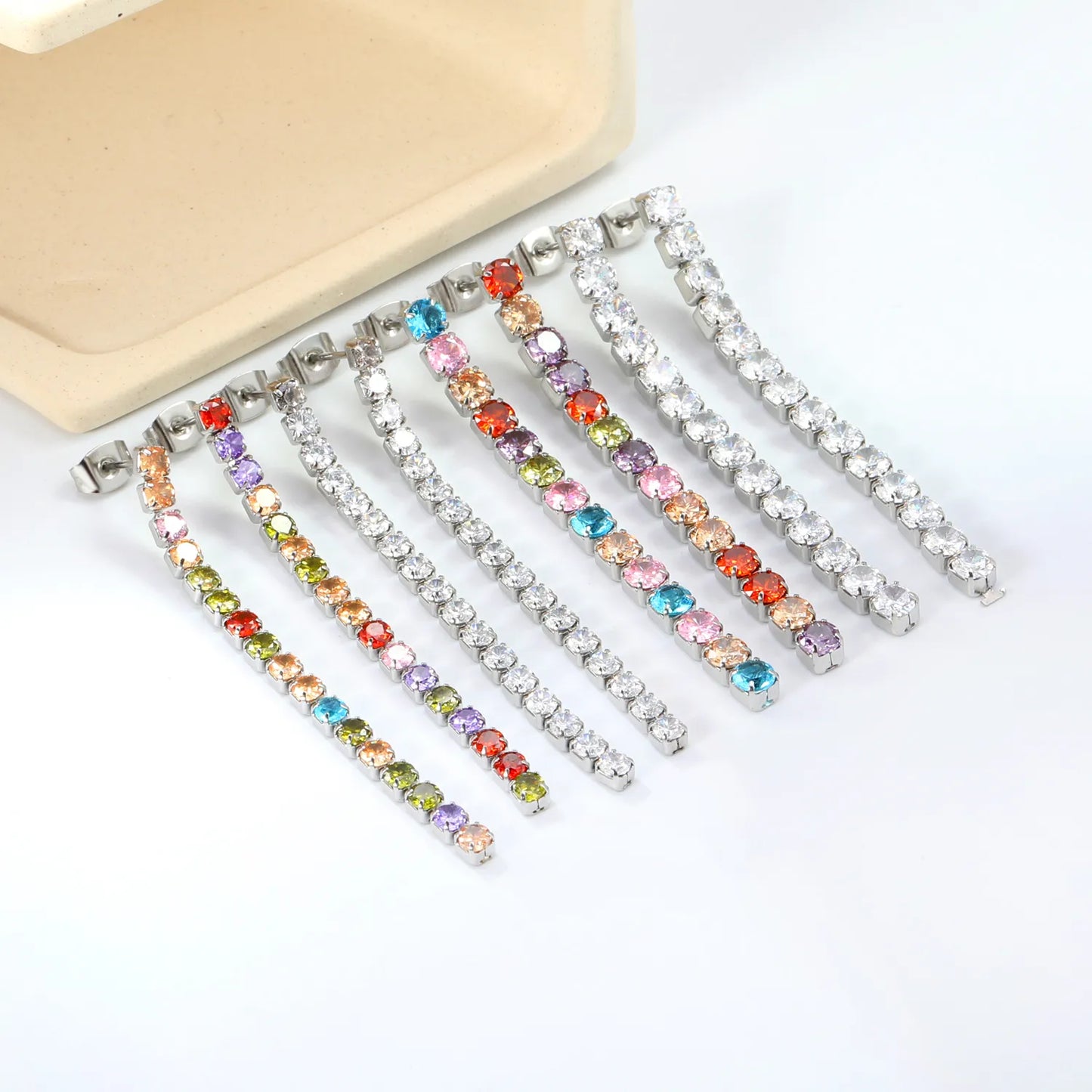Wholesale 5.5cmX2mm/3mm/4mm White Zircon&Rainbow Zircon Stainless Steel Hypoallergenic Drop Earrings – Bulk Wholesale (12+ Pairs) 🌍 EU/US Supplier Trendy & Durable