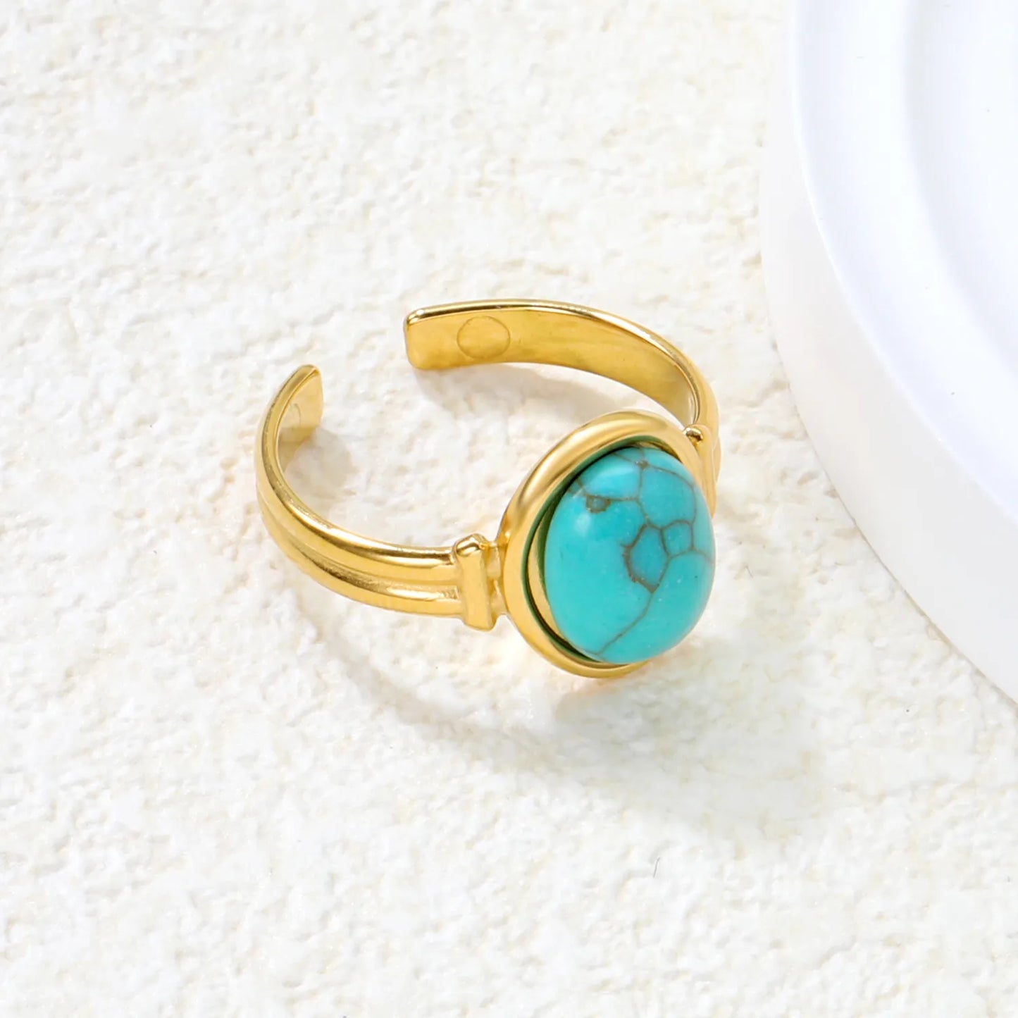 ✨Wholesale Gold-Tone Open Rings: Turquoise, Brown & Pink Cats Eye Stones | 13mm Stackable | Stainless Steel Jewelry Bulk