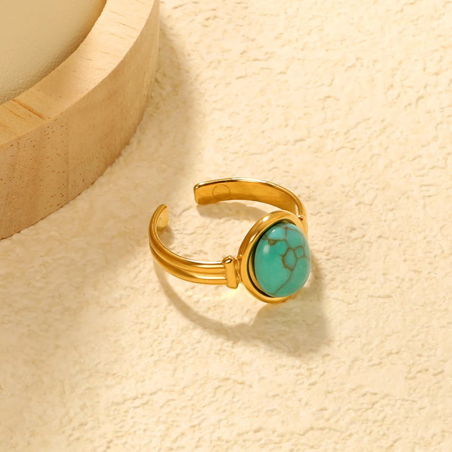 ✨Wholesale Gold-Tone Open Rings: Turquoise, Brown & Pink Cats Eye Stones | 13mm Stackable | Stainless Steel Jewelry Bulk