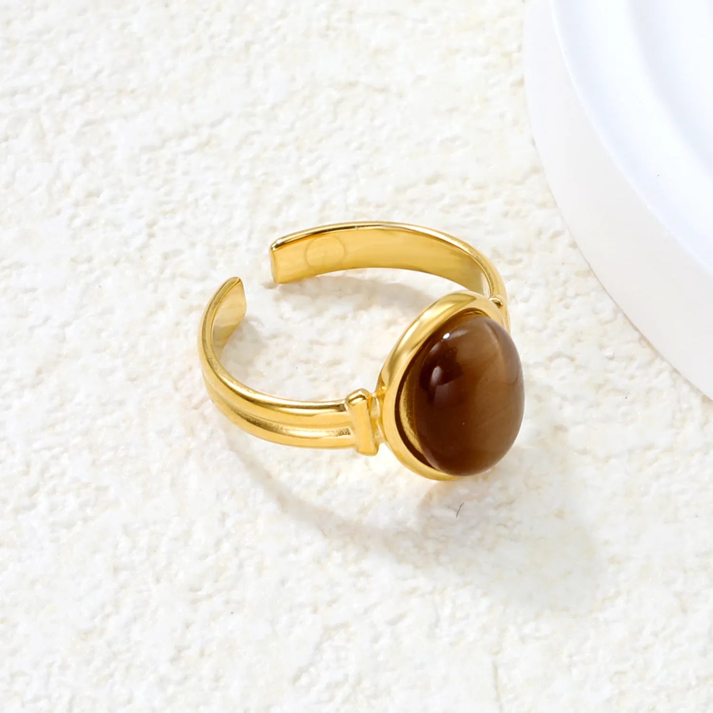 ✨Wholesale Gold-Tone Open Rings: Turquoise, Brown & Pink Cats Eye Stones | 13mm Stackable | Stainless Steel Jewelry Bulk