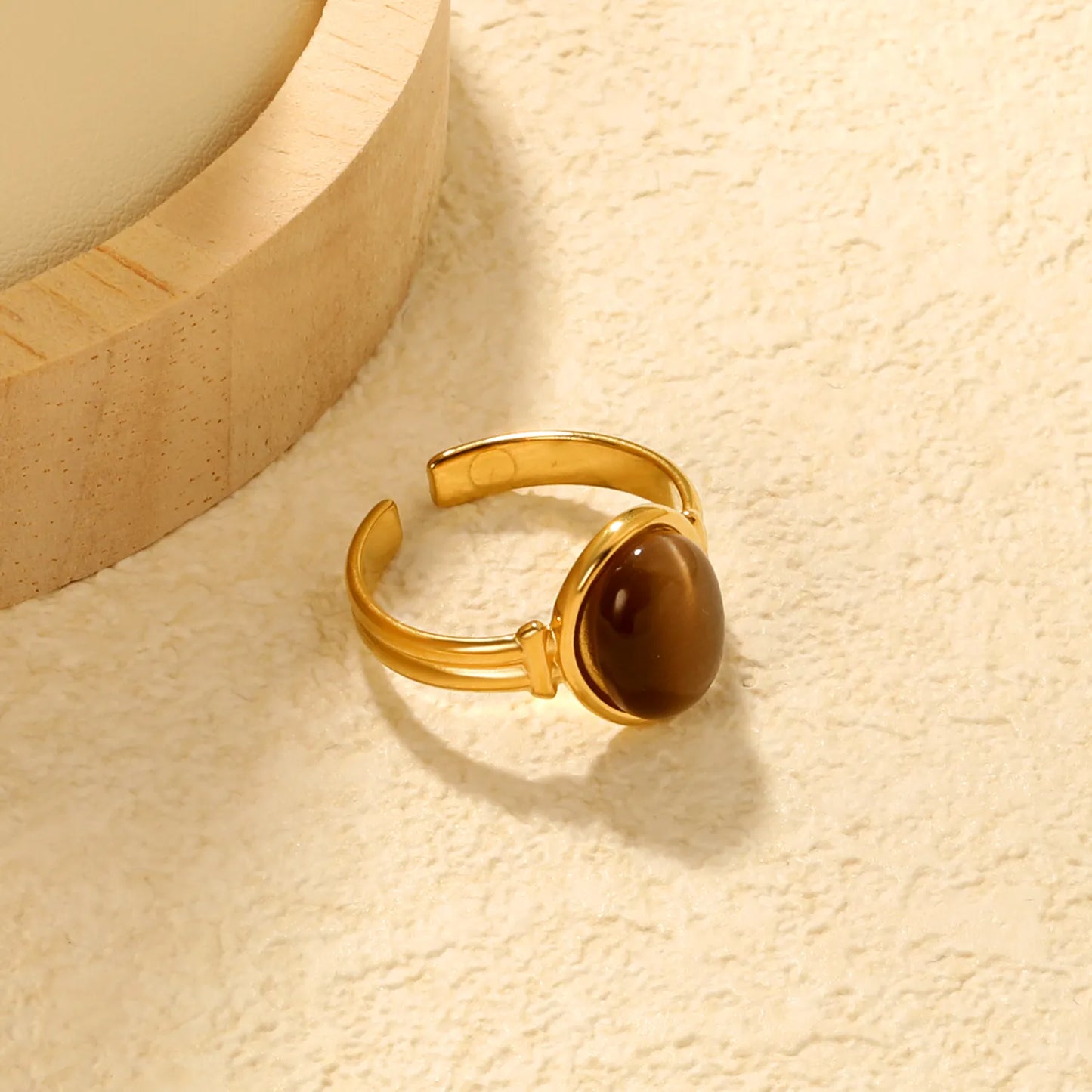 ✨Wholesale Gold-Tone Open Rings: Turquoise, Brown & Pink Cats Eye Stones | 13mm Stackable | Stainless Steel Jewelry Bulk