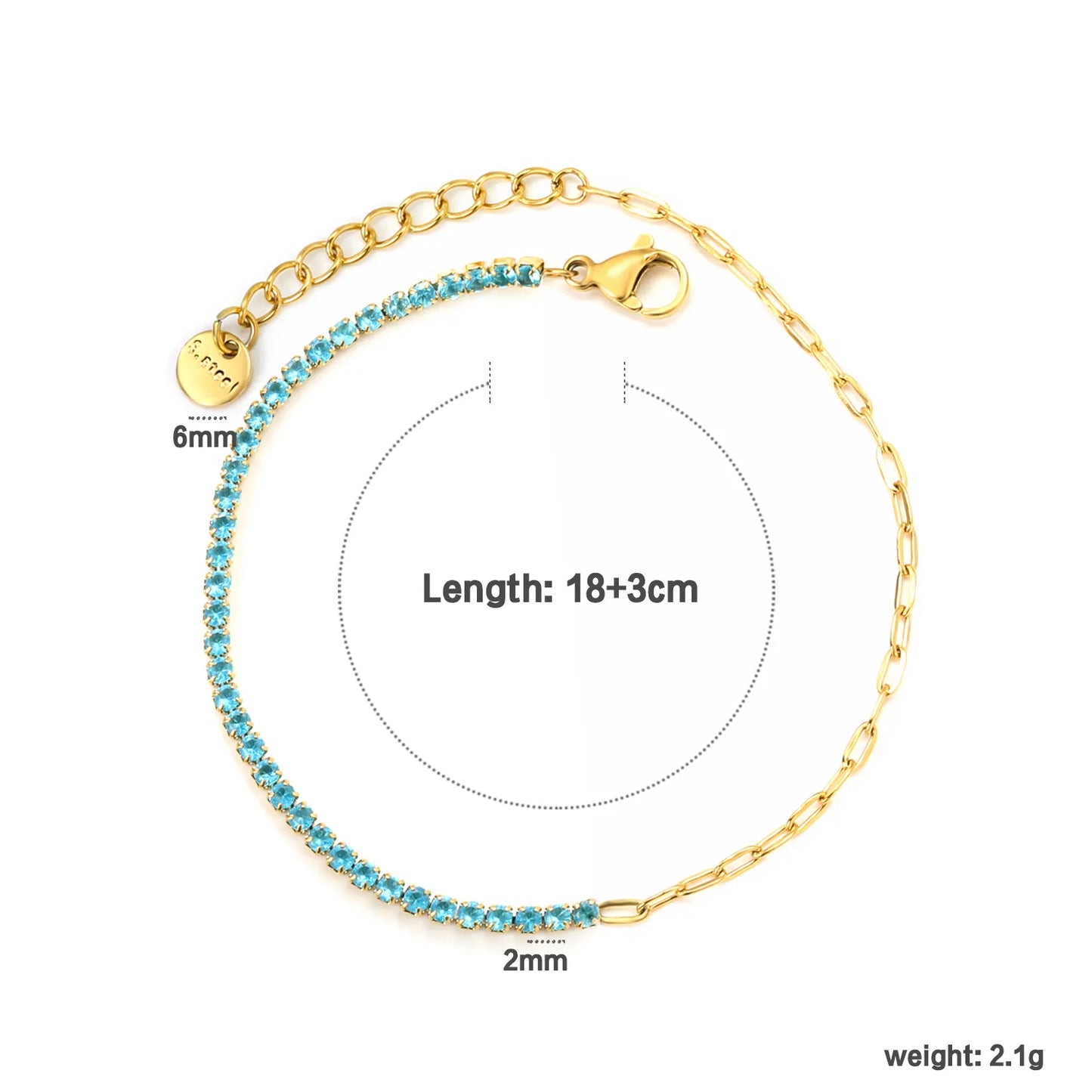 ✨2mm Round Prong-Set Zirconia Bracelet 5-Color Mix | Gold Stainless Steel 18+3cm Chain | Wholesale Stackable Jewelry