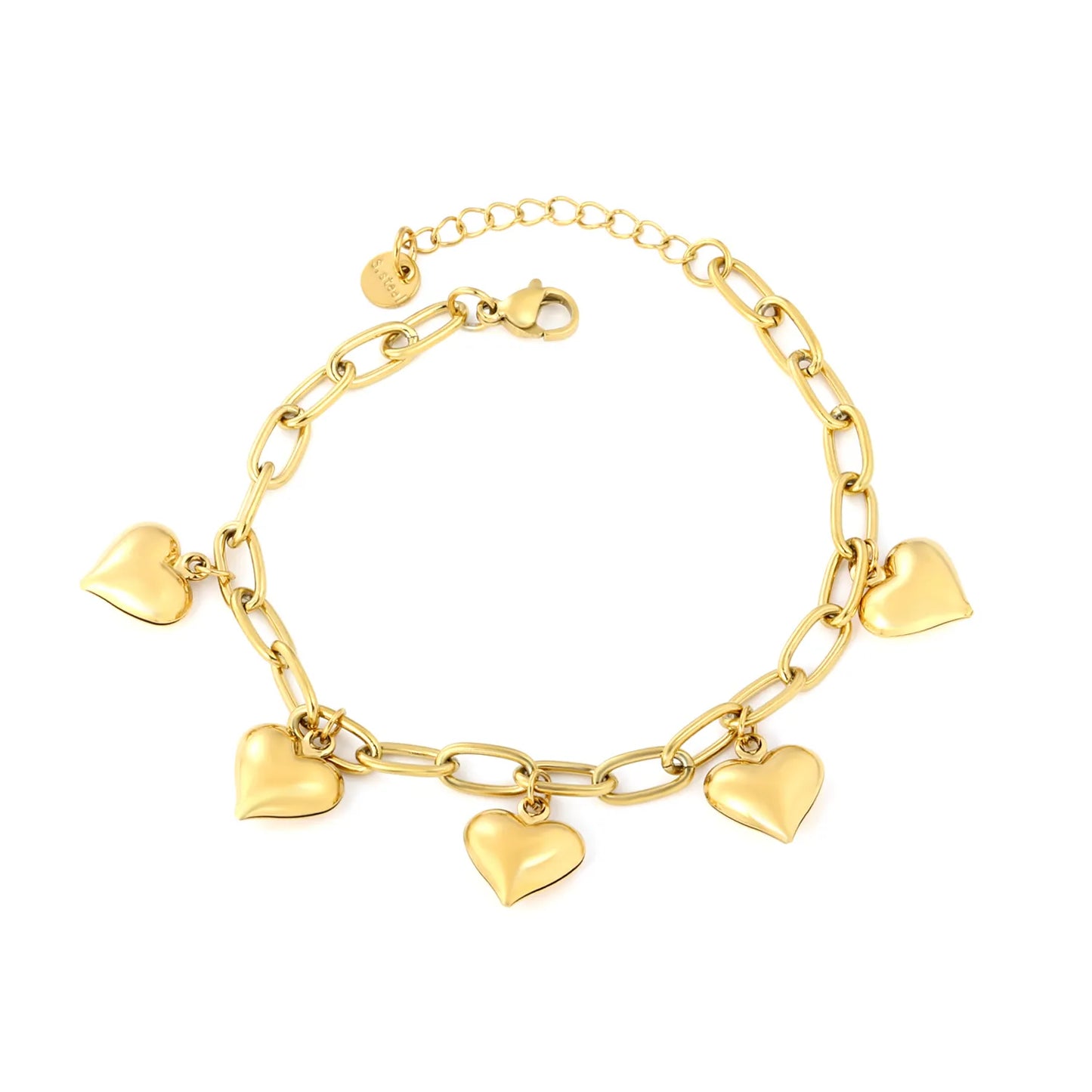 ✨ Wholesale Gold Stainless Steel Heart Bracelet | 5pcs 11.5mm Heart Charms & 1.2*5*10mm Oval Link Chain | 18+3cm with 6mm Lobster Clasp