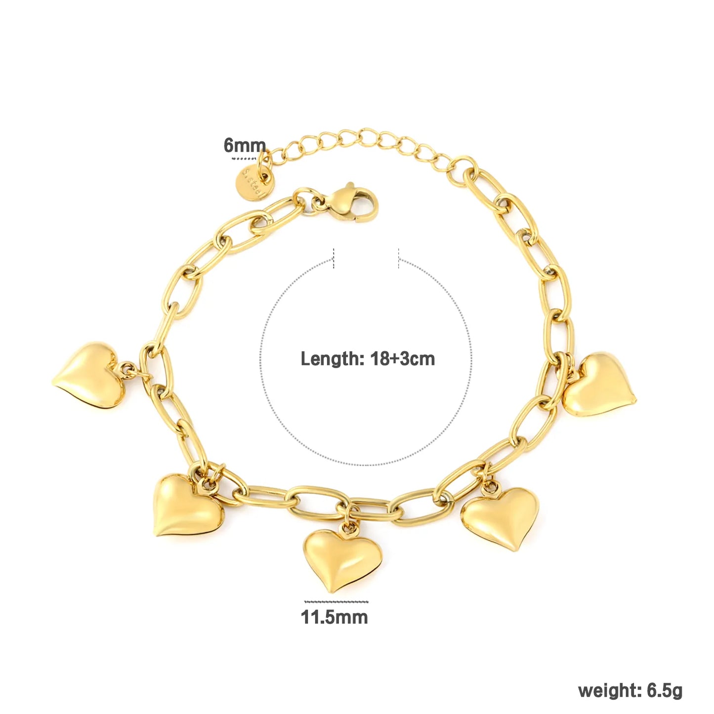 ✨ Wholesale Gold Stainless Steel Heart Bracelet | 5pcs 11.5mm Heart Charms & 1.2*5*10mm Oval Link Chain | 18+3cm with 6mm Lobster Clasp