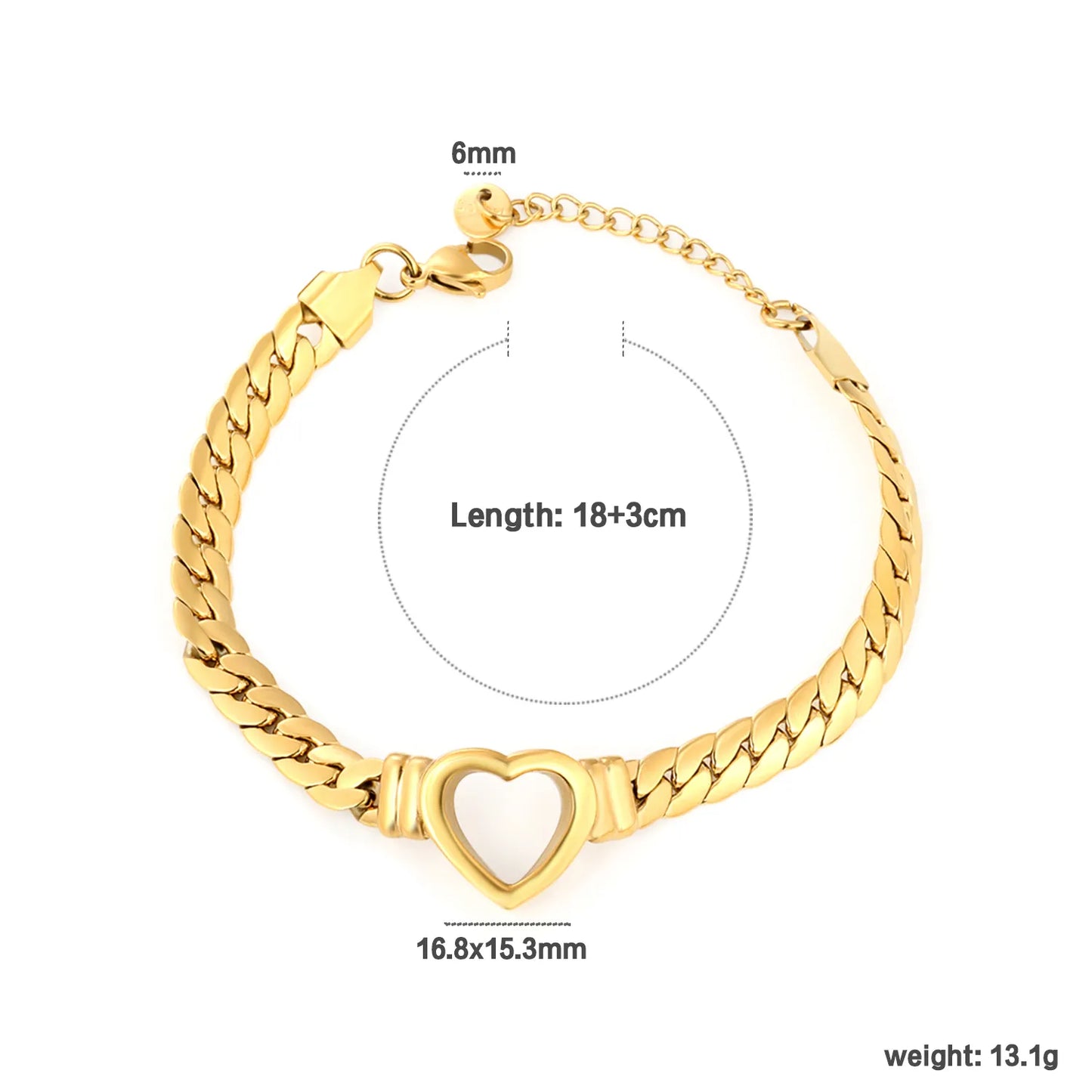✨ Wholesale Gold Stainless Steel Heart Bracelet | 16.8*15.3mm Heart Charm & 6.5mm Dense Link Chain | 18+3cm with 6mm Lobster Clasp