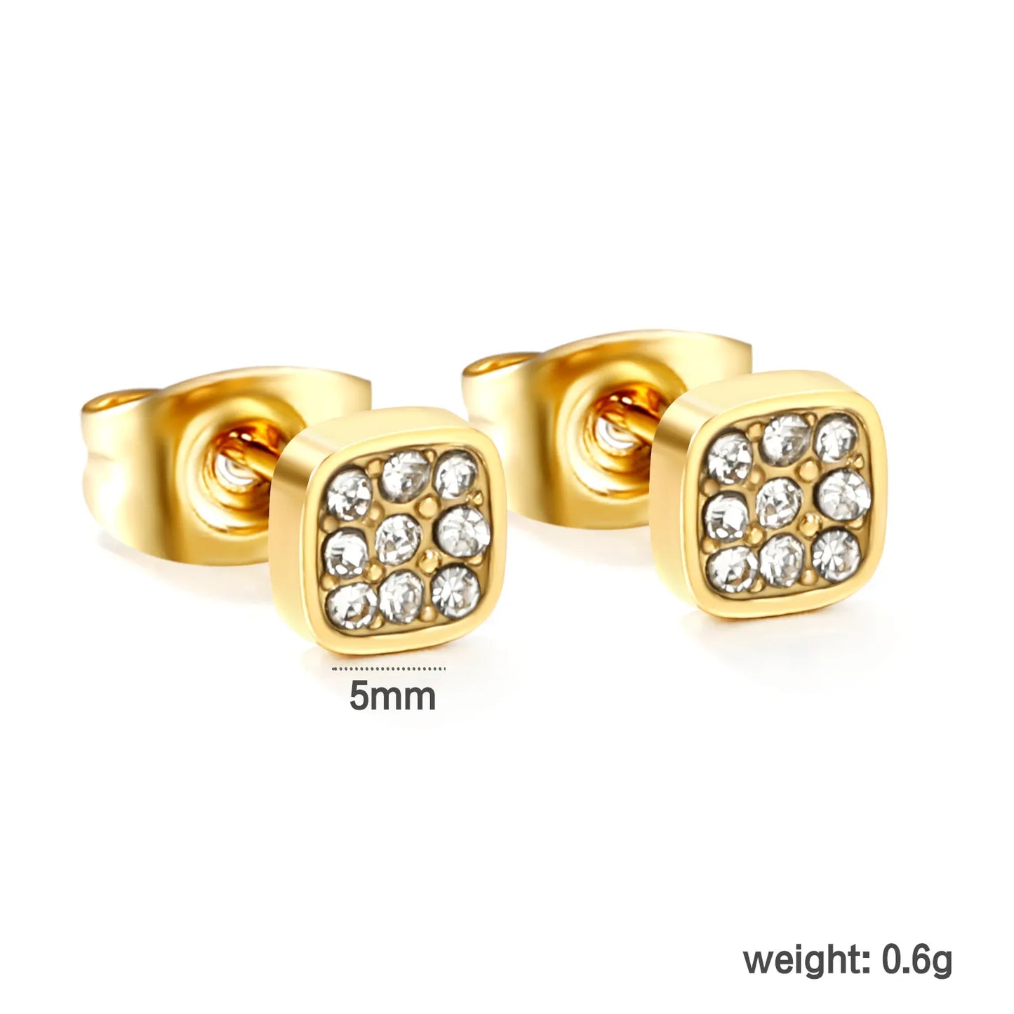 ✨Wholesale 5mm Geometric Stud Earrings | Steel/Gold Stainless Steel | CZ White Diamond | Bulk Ear Jewelry