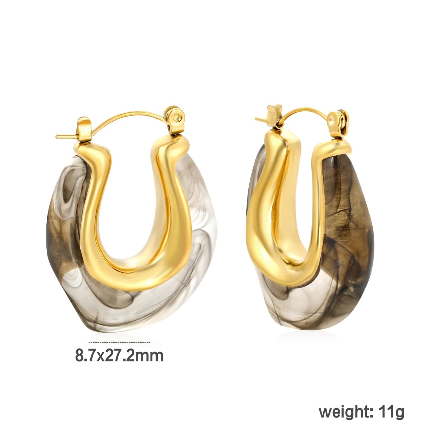 ✨Wholesale Gold Resin Ear Cuffs: 24x27.2mm U-Shape White/Smoky/Amber Resin Inlays | Stainless Steel No-Piercing Boho Jewelry Bulk
