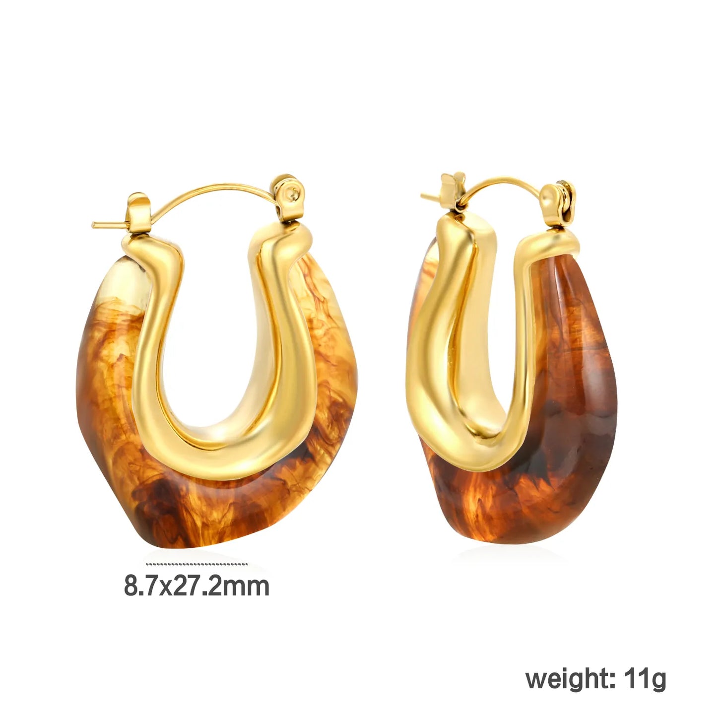 ✨Wholesale Gold Resin Ear Cuffs: 24x27.2mm U-Shape White/Smoky/Amber Resin Inlays | Stainless Steel No-Piercing Boho Jewelry Bulk