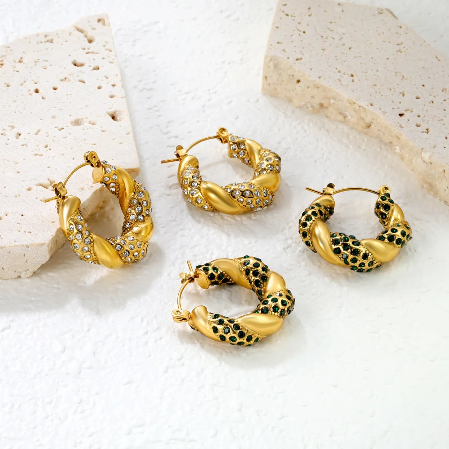 ✨Gold Vine Ear Cuffs w/ Crystals | 24.4x21.4mm Boho U-Cuff | Stainless Steel No-Piercing Wholesale