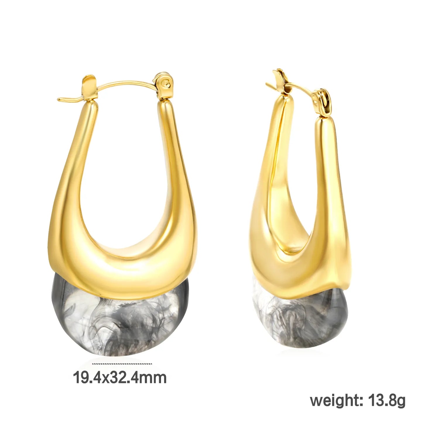 ✨Wholesale Gold Oval Resin Ear Cuffs | 19.4x32.4mm U-Shape | White/Smoky Black/Amber | Stainless Steel Bulk Jewelry