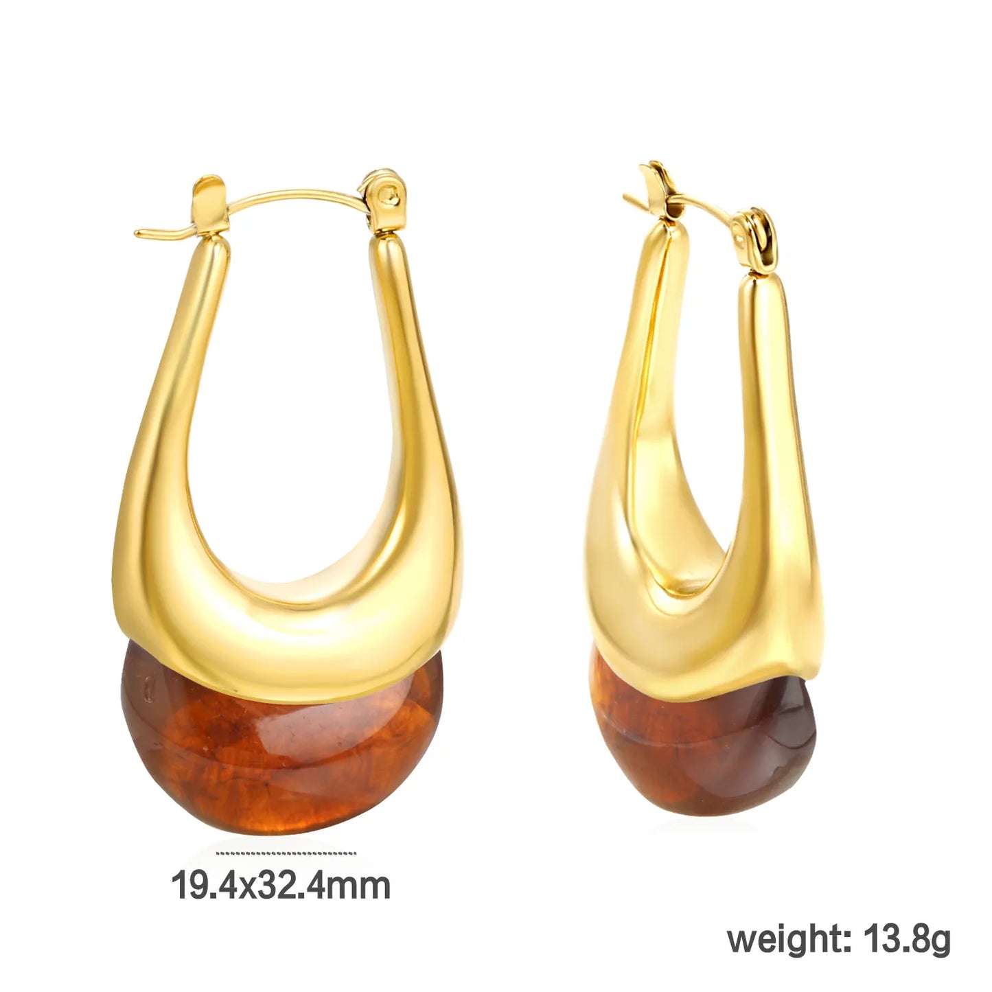 ✨Wholesale Gold Oval Resin Ear Cuffs | 19.4x32.4mm U-Shape | White/Smoky Black/Amber | Stainless Steel Bulk Jewelry