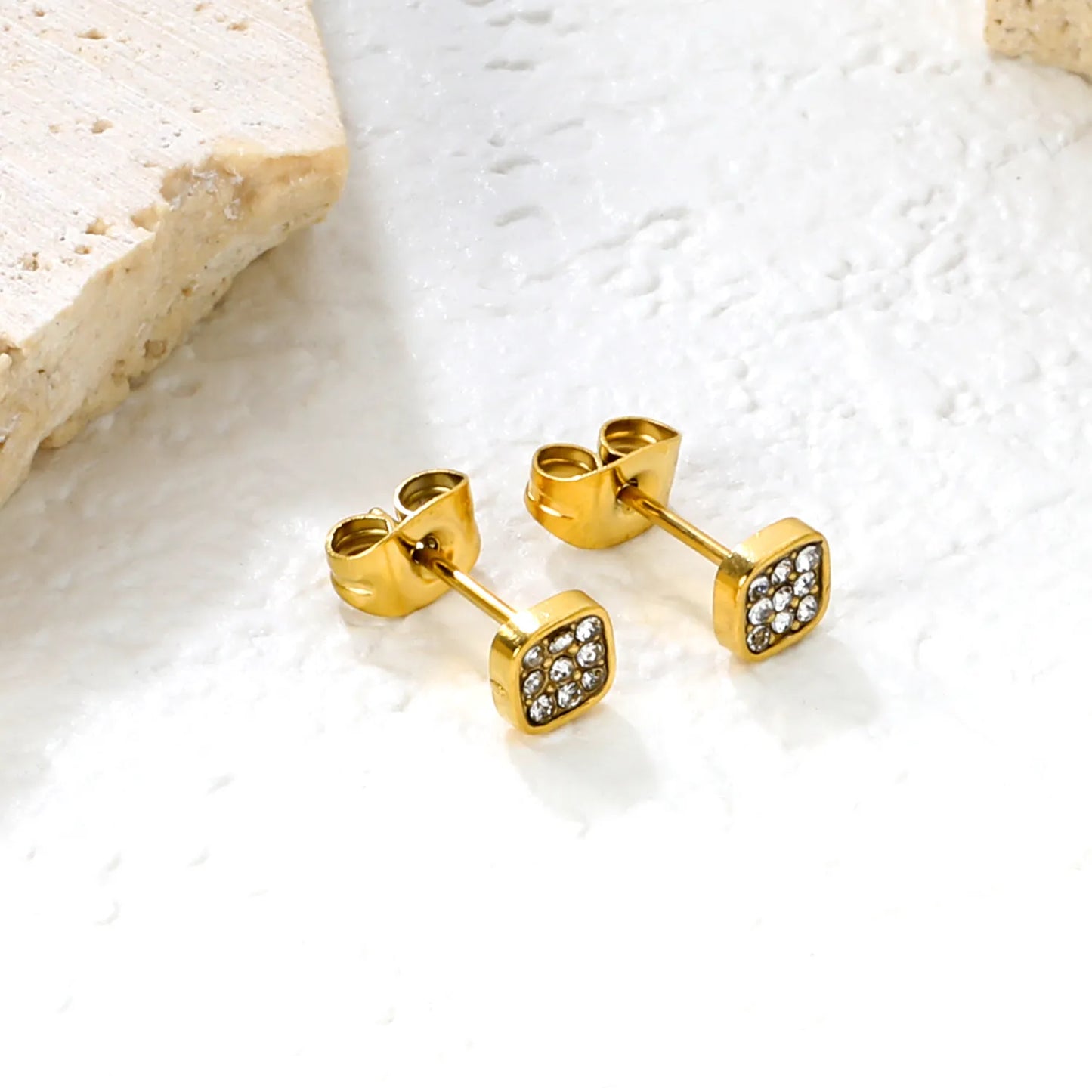 ✨Wholesale 5mm Geometric Stud Earrings | Steel/Gold Stainless Steel | CZ White Diamond | Bulk Ear Jewelry