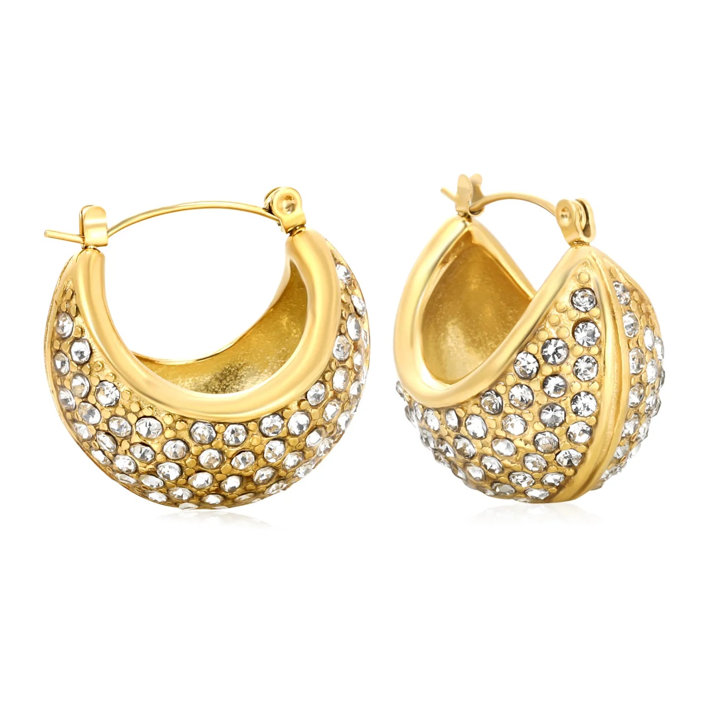 ✨Gold Boat Earrings w/ White Crystals | 25x21mm Stainless Steel Studs | Wholesale Bulk