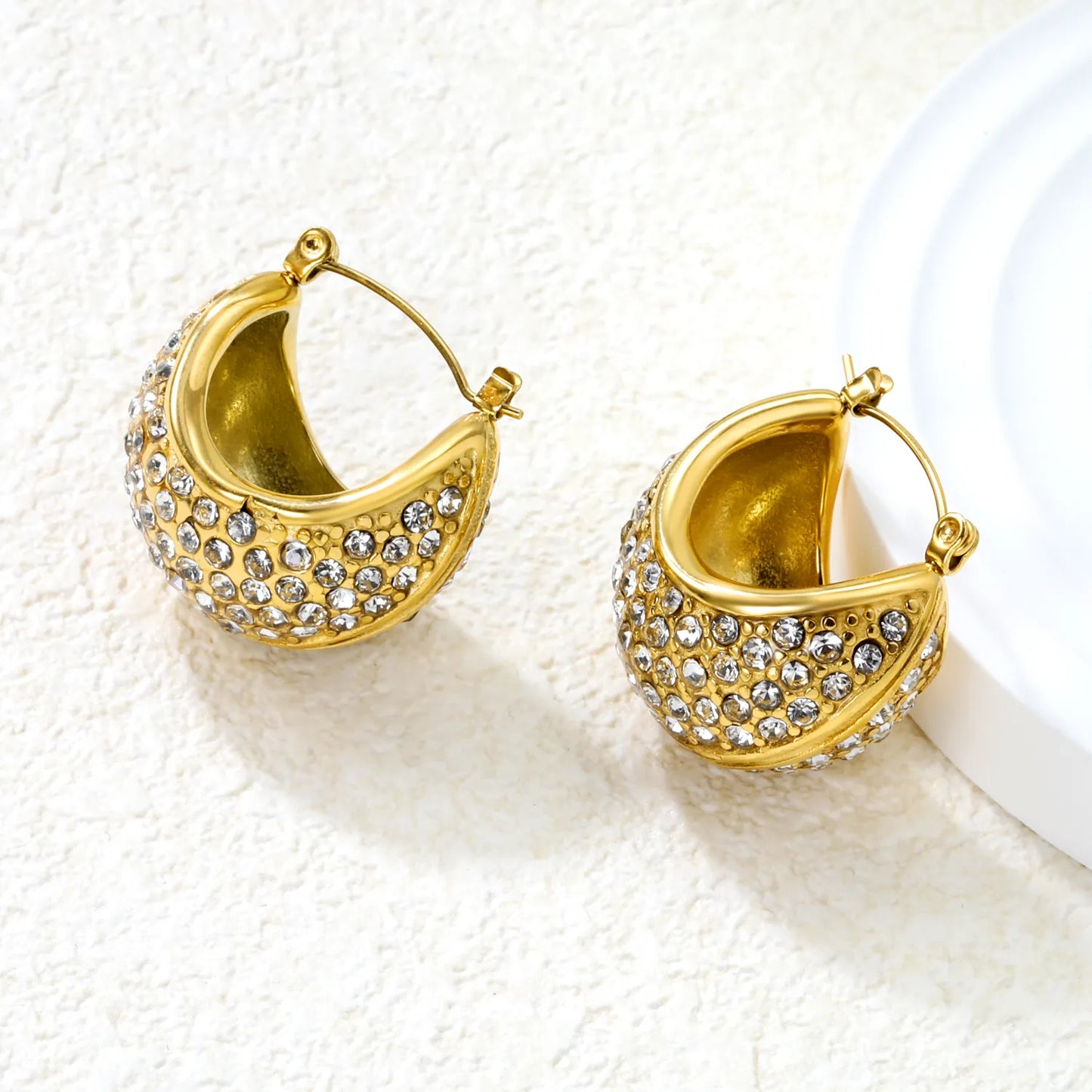✨Gold Boat Earrings w/ White Crystals | 25x21mm Stainless Steel Studs | Wholesale Bulk