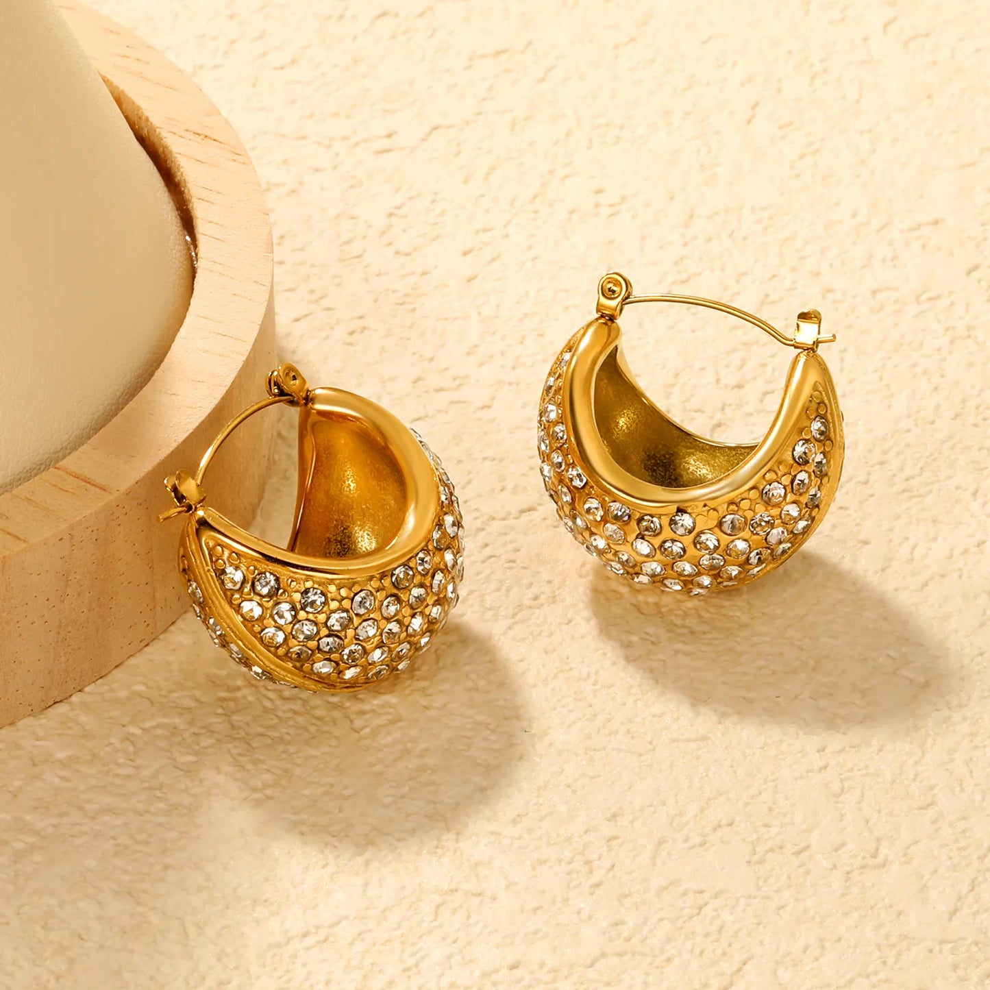 ✨Gold Boat Earrings w/ White Crystals | 25x21mm Stainless Steel Studs | Wholesale Bulk