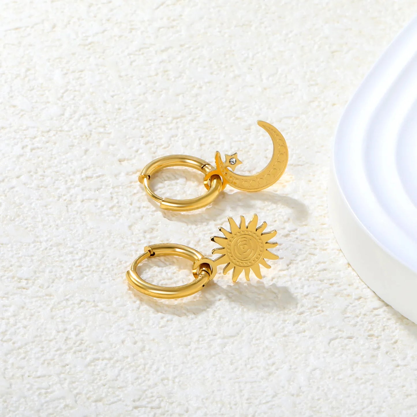 🌙☀️ Wholesale Gold Stainless Steel Ear Climber Cuff | 2.0mm Inner Dia 10mm | Sun & Moon Design 11.6+10.5*12.5mm | Hypoallergenic Statement Earrings