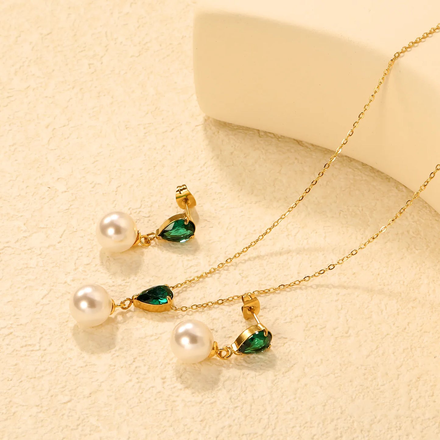 ✨💎 Teardrop Zirconia & Pearl Set: Earrings + Pendant | Gold Stainless Steel Jewelry Wholesale