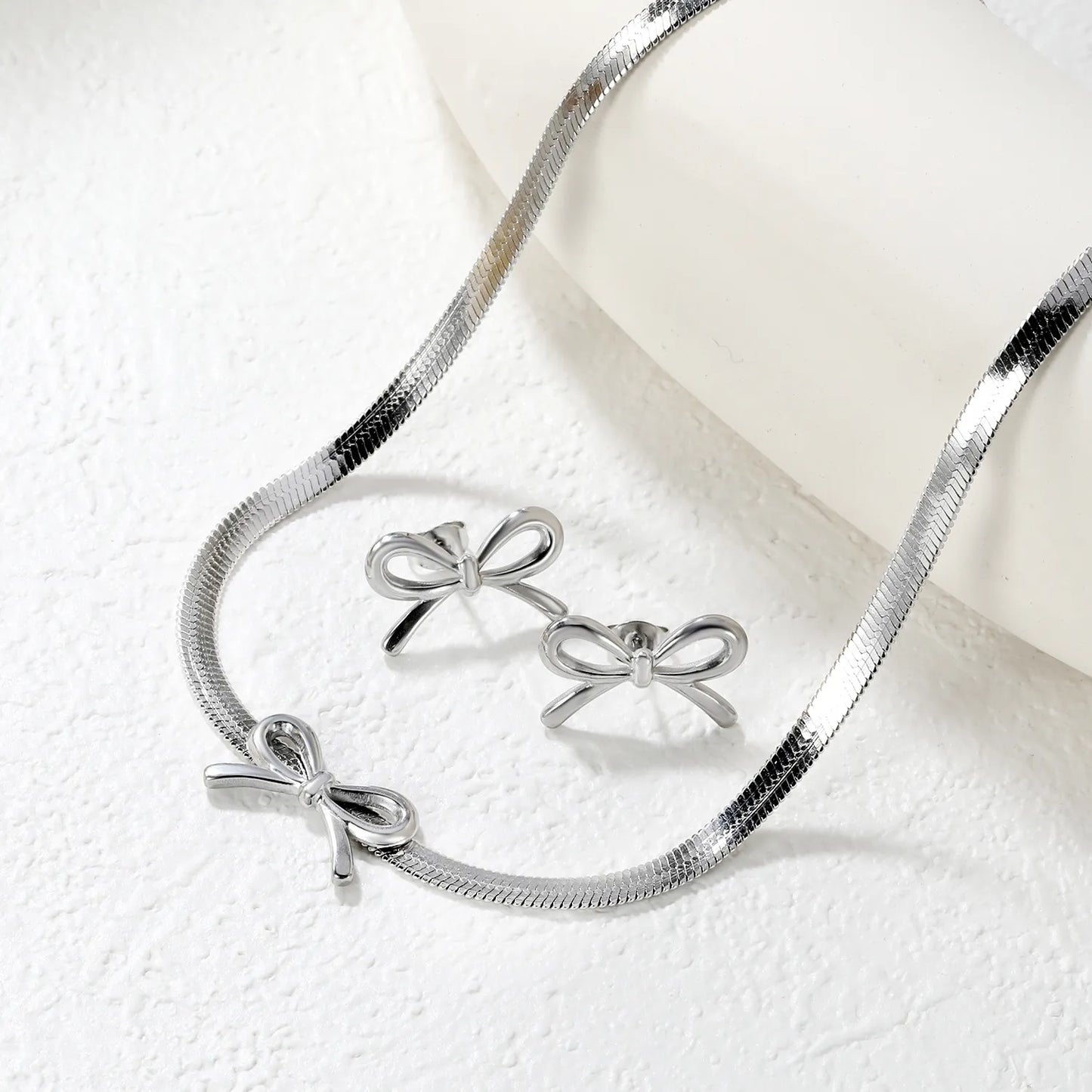 ✨ Wholesale Bow Set: 12x20mm Earrings + Pendant w/ Knife Chain | Stainless Steel/Gold | Hypoallergenic
