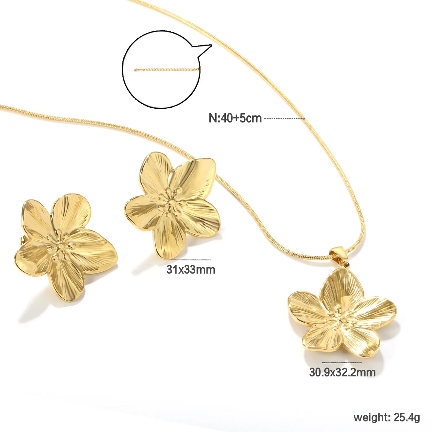 ✨ Wholesale Floral Set: 31x33mm Earrings + 30.9x32.2mm Pendant w/ Snake Chain | Steel/Gold | Hypoallergenic