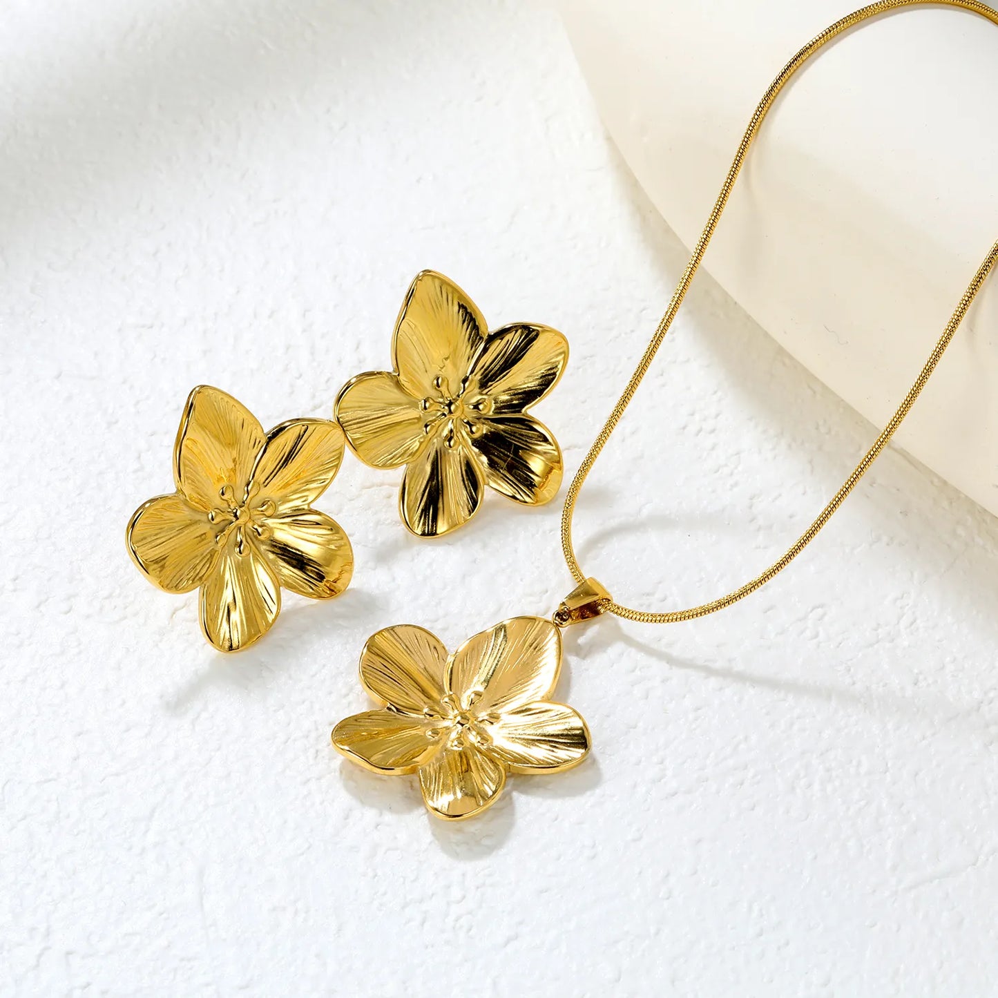 ✨ Wholesale Floral Set: 31x33mm Earrings + 30.9x32.2mm Pendant w/ Snake Chain | Steel/Gold | Hypoallergenic
