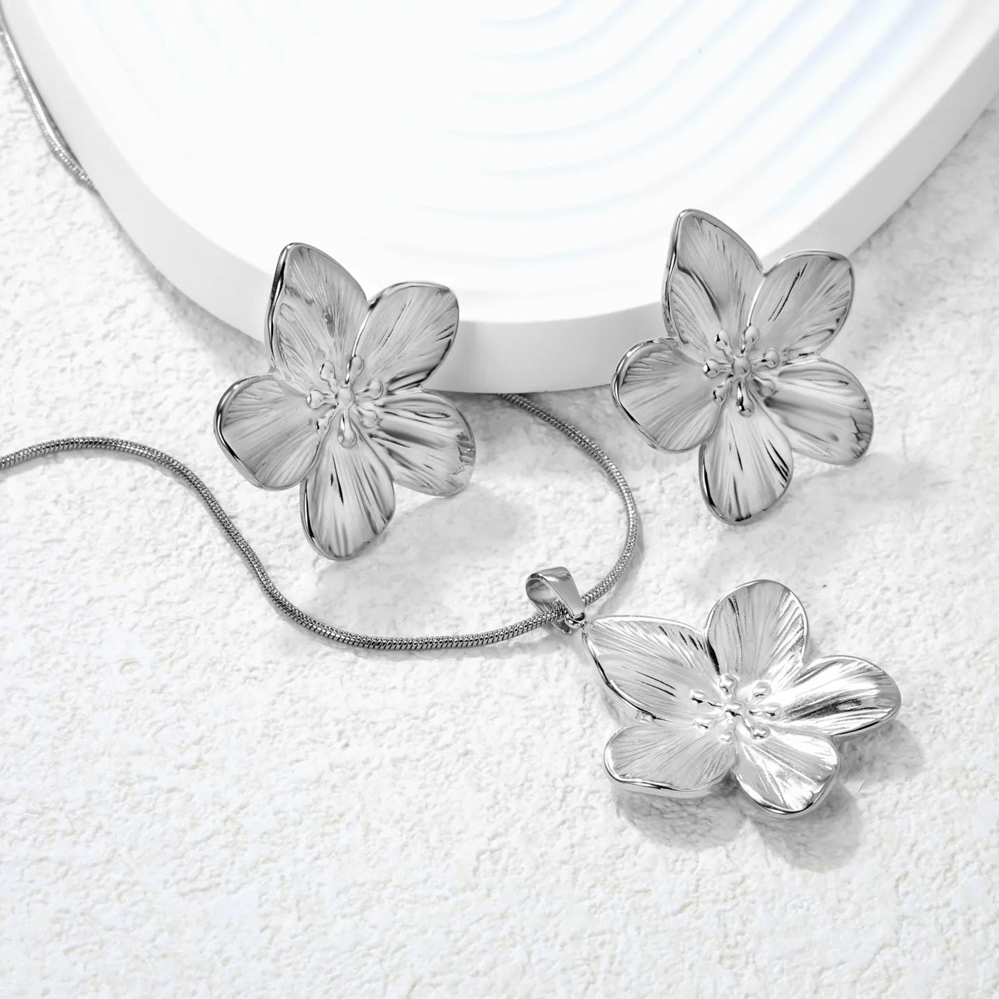 ✨ Wholesale Floral Set: 31x33mm Earrings + 30.9x32.2mm Pendant w/ Snake Chain | Steel/Gold | Hypoallergenic