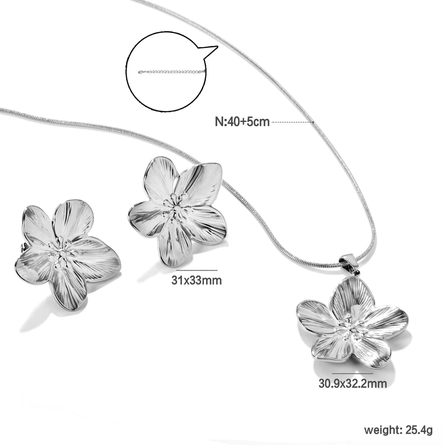 ✨ Wholesale Floral Set: 31x33mm Earrings + 30.9x32.2mm Pendant w/ Snake Chain | Steel/Gold | Hypoallergenic