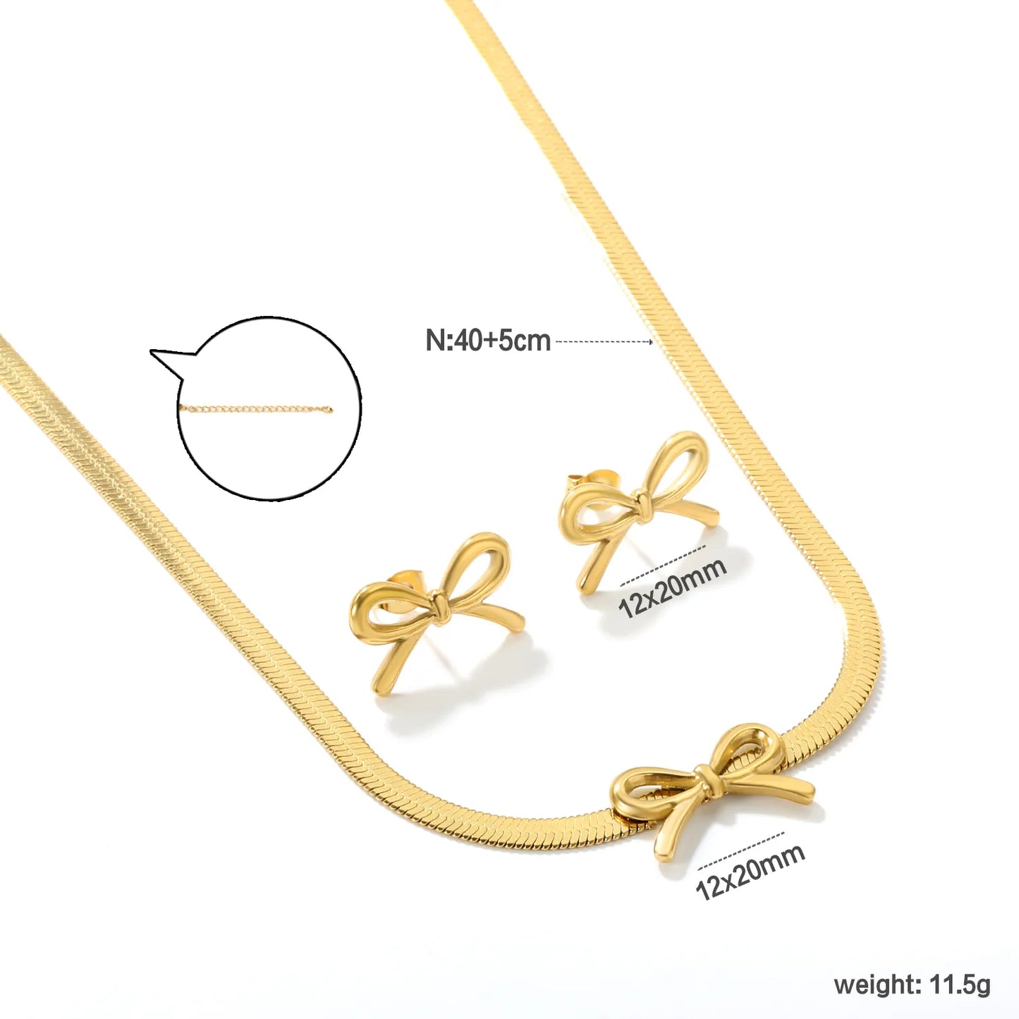 ✨ Wholesale Bow Set: 12x20mm Earrings + Pendant w/ Knife Chain | Stainless Steel/Gold | Hypoallergenic