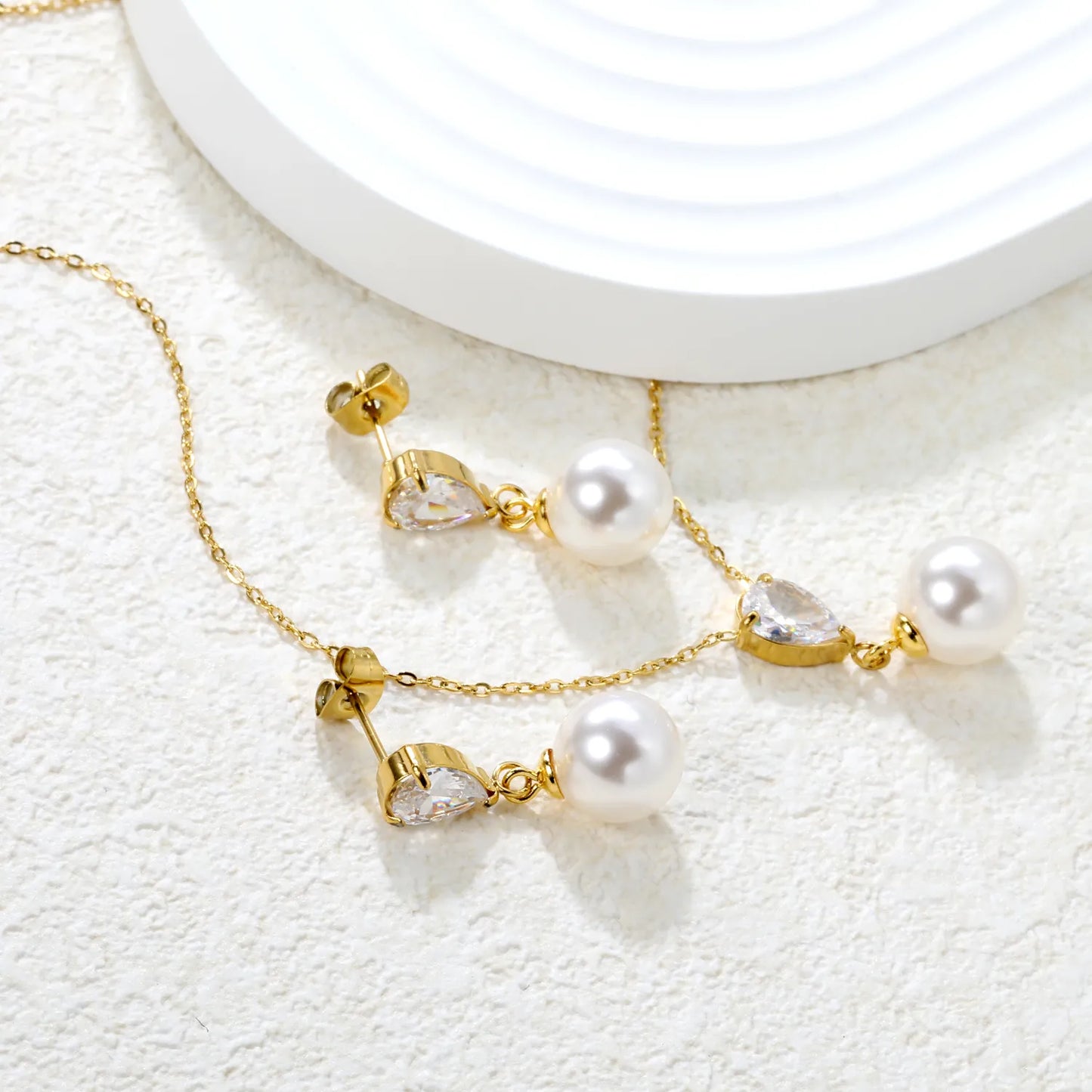 ✨💎 Teardrop Zirconia & Pearl Set: Earrings + Pendant | Gold Stainless Steel Jewelry Wholesale