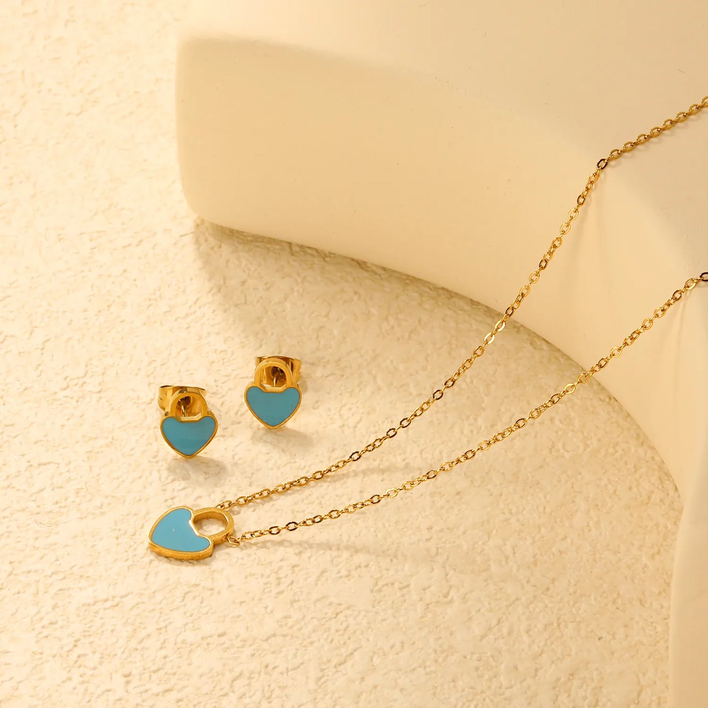 ✨💖 Romantic Heart Enamel Set: Earrings + Pendant | Gold Stainless Steel Wholesale