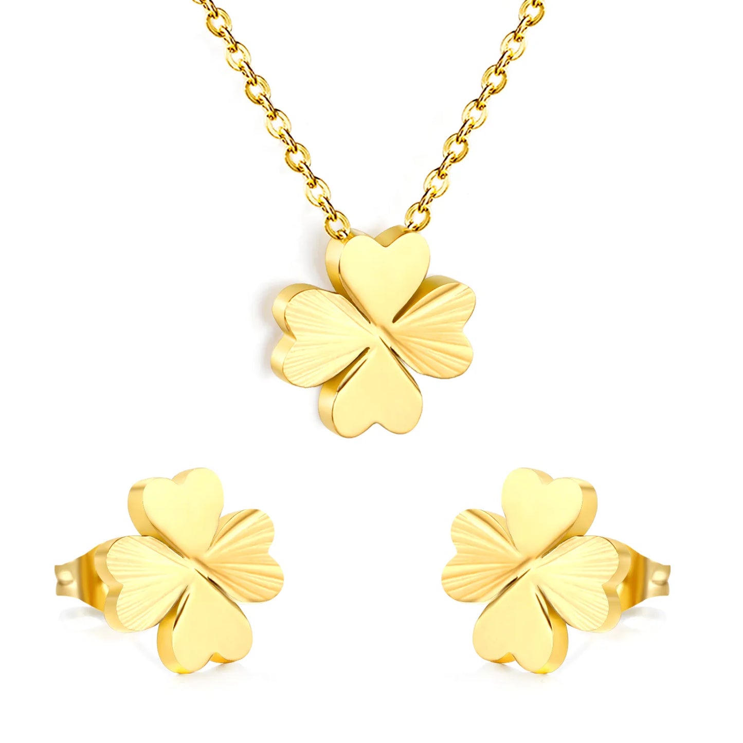 ⨠Wholesale Clover Set: 11.7x12mm Earrings + 12x13.6mm Pendant w/ Cross Chain | Gold | Hypoallergenic