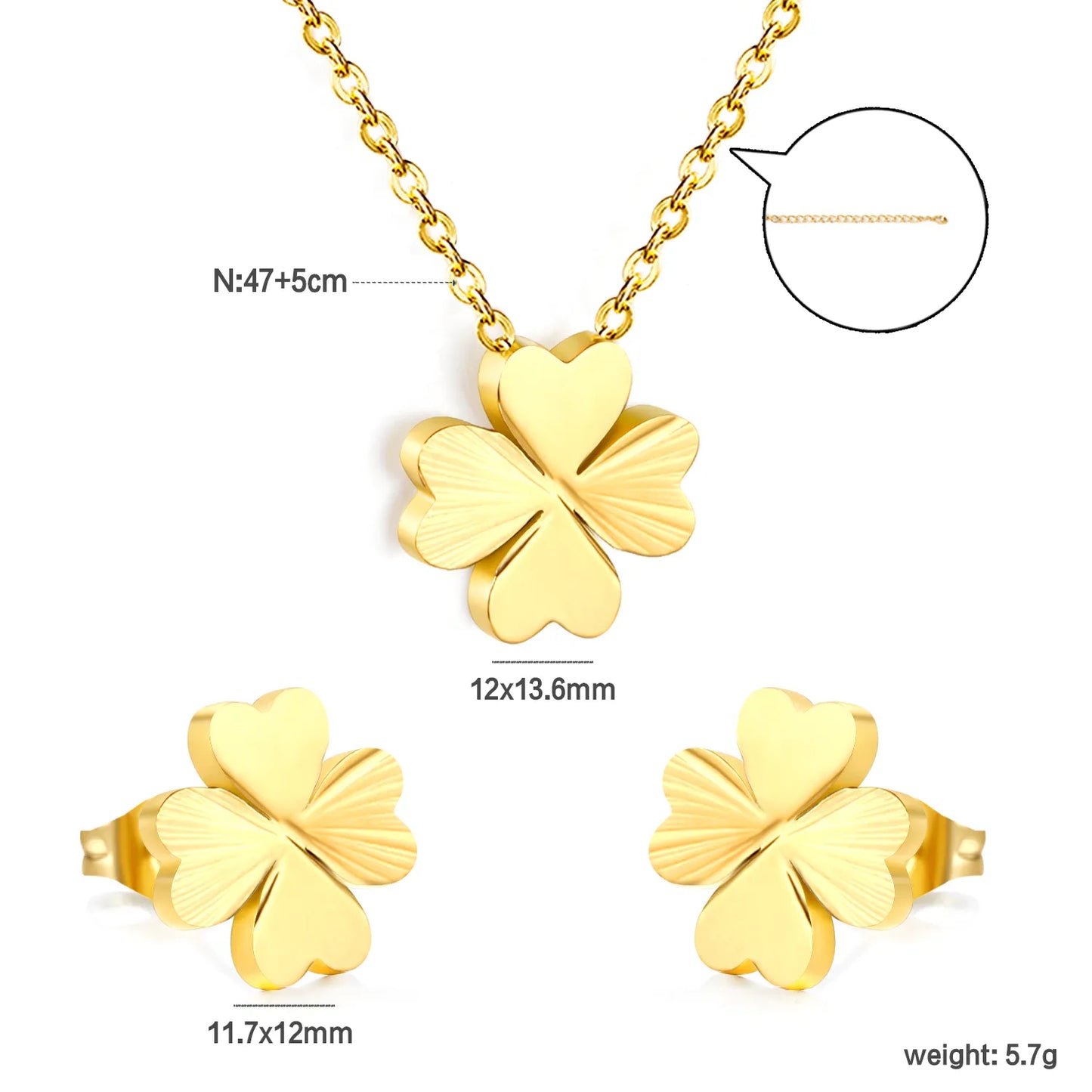 ✨ Wholesale Clover Set: 11.7x12mm Earrings + 12x13.6mm Pendant w/ Cross Chain | Gold | Hypoallergenic
