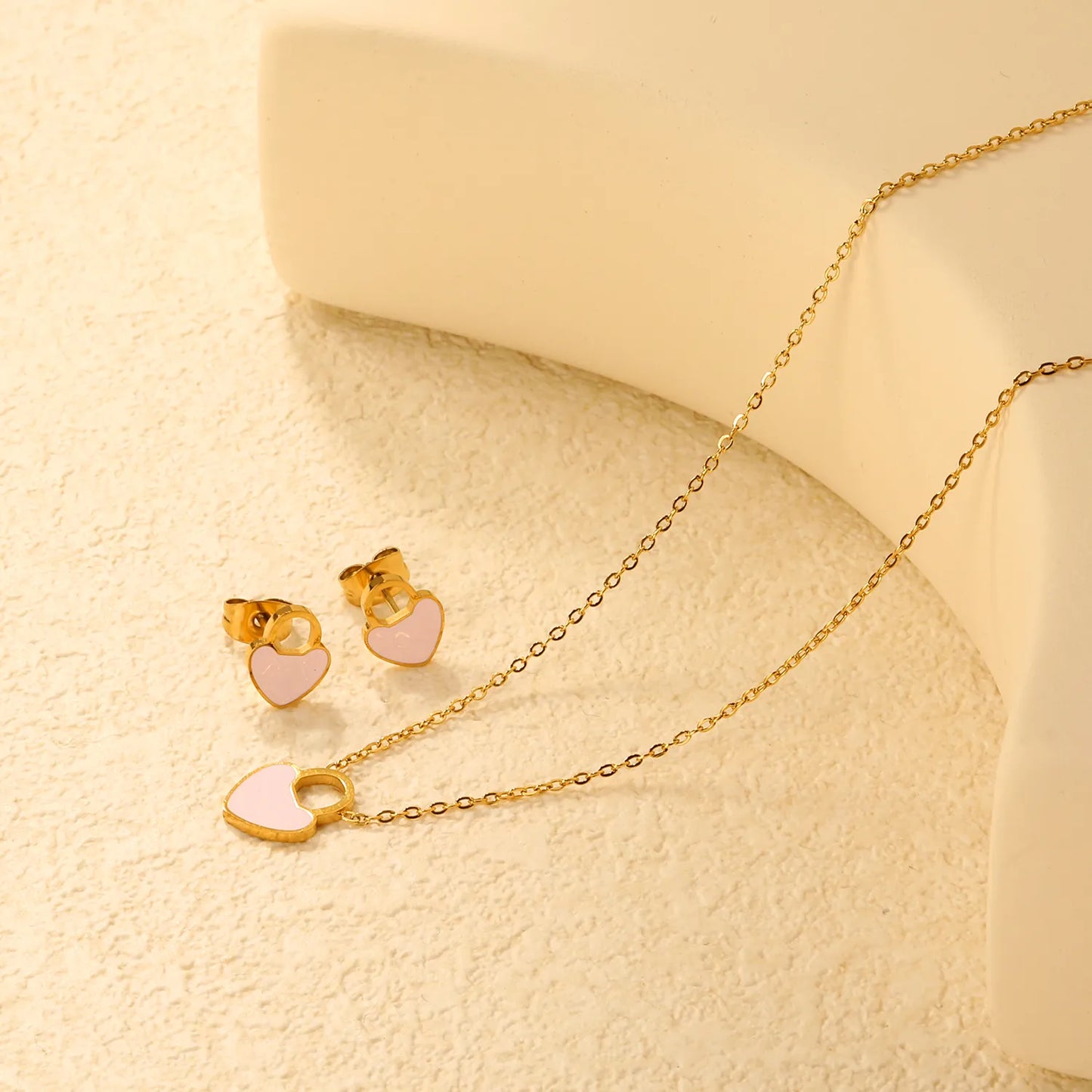 ✨💖 Romantic Heart Enamel Set: Earrings + Pendant | Gold Stainless Steel Wholesale