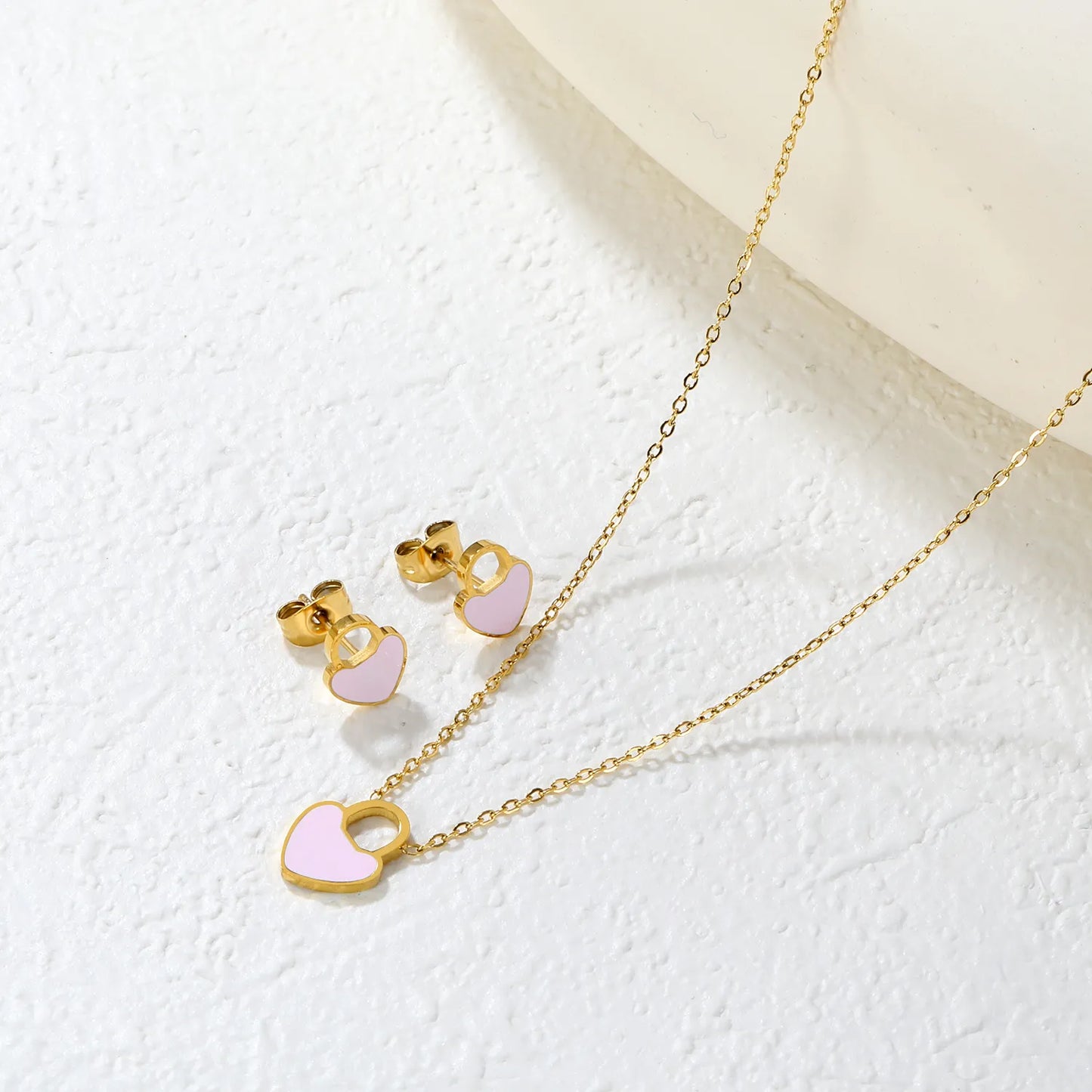 ✨💖 Romantic Heart Enamel Set: Earrings + Pendant | Gold Stainless Steel Wholesale