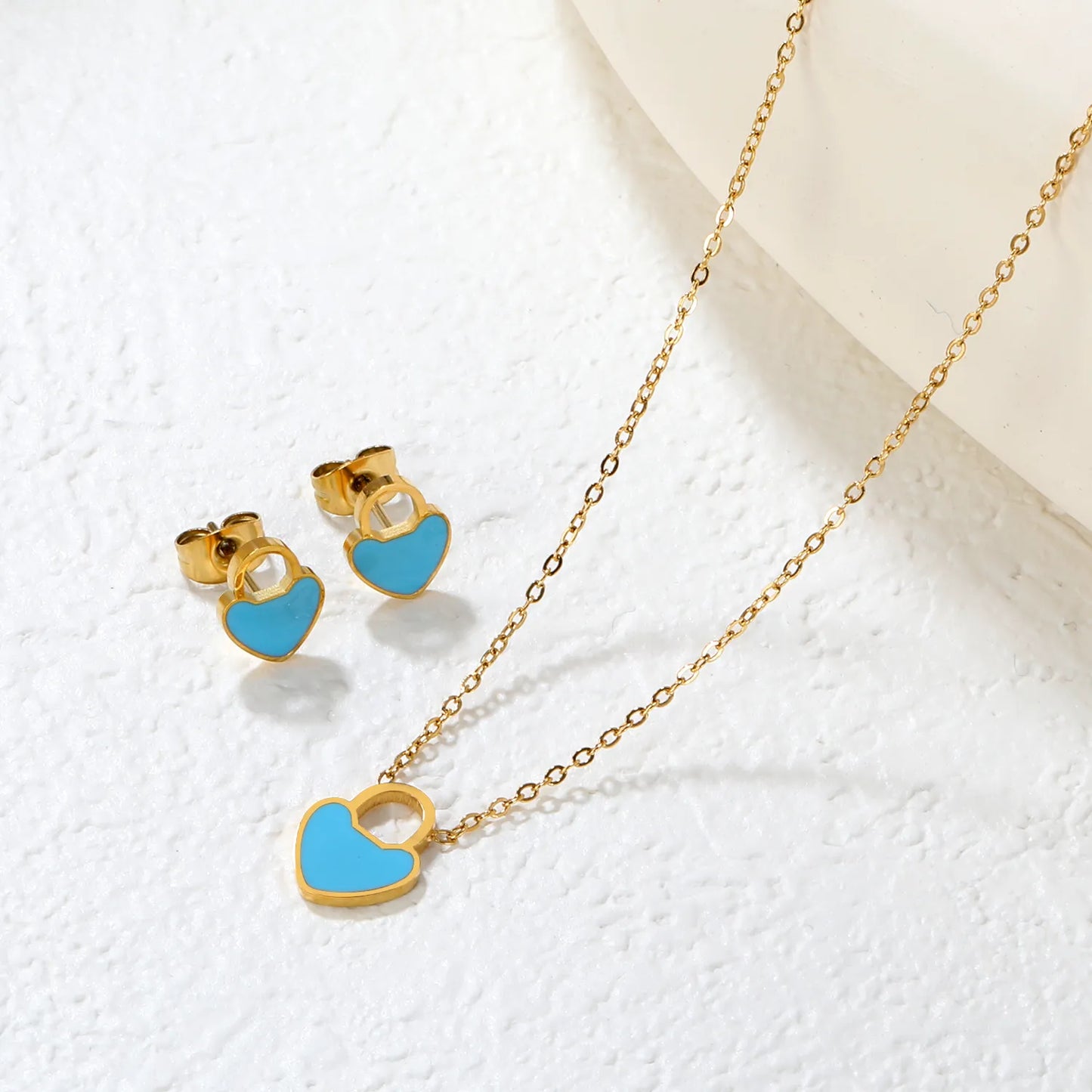 ✨💖 Romantic Heart Enamel Set: Earrings + Pendant | Gold Stainless Steel Wholesale
