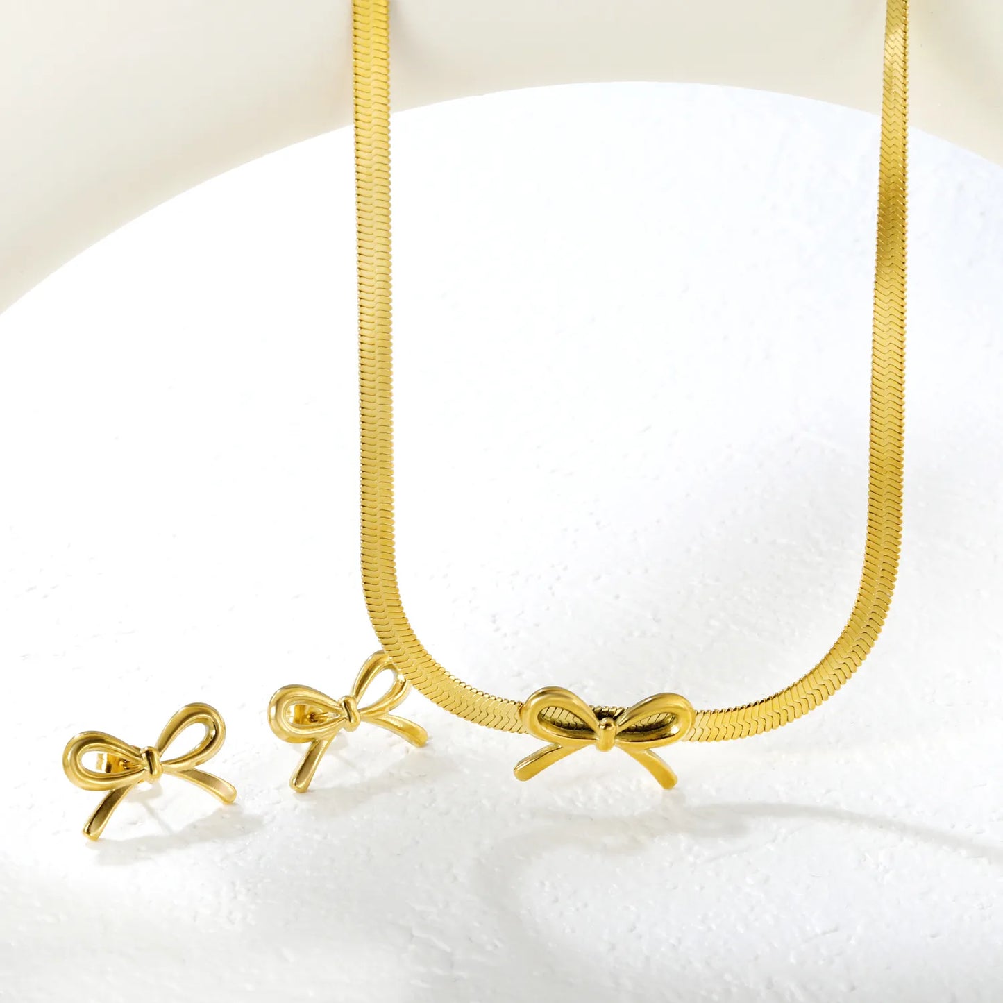 ✨ Wholesale Bow Set: 12x20mm Earrings + Pendant w/ Knife Chain | Stainless Steel/Gold | Hypoallergenic