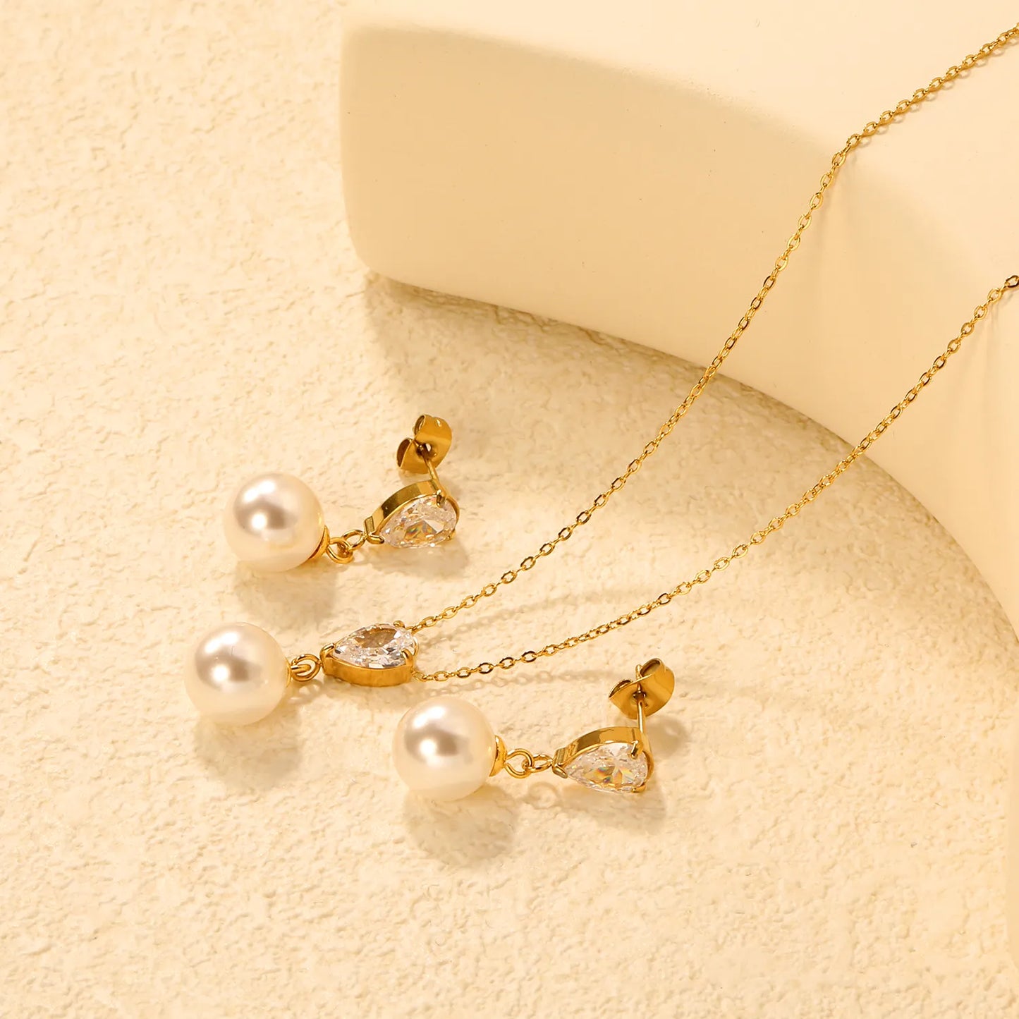 ✨💎 Teardrop Zirconia & Pearl Set: Earrings + Pendant | Gold Stainless Steel Jewelry Wholesale