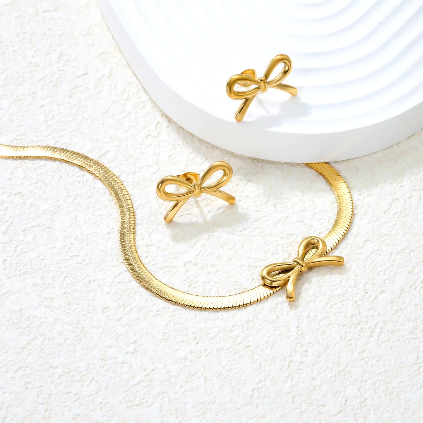 ✨ Wholesale Bow Set: 12x20mm Earrings + Pendant w/ Knife Chain | Stainless Steel/Gold | Hypoallergenic