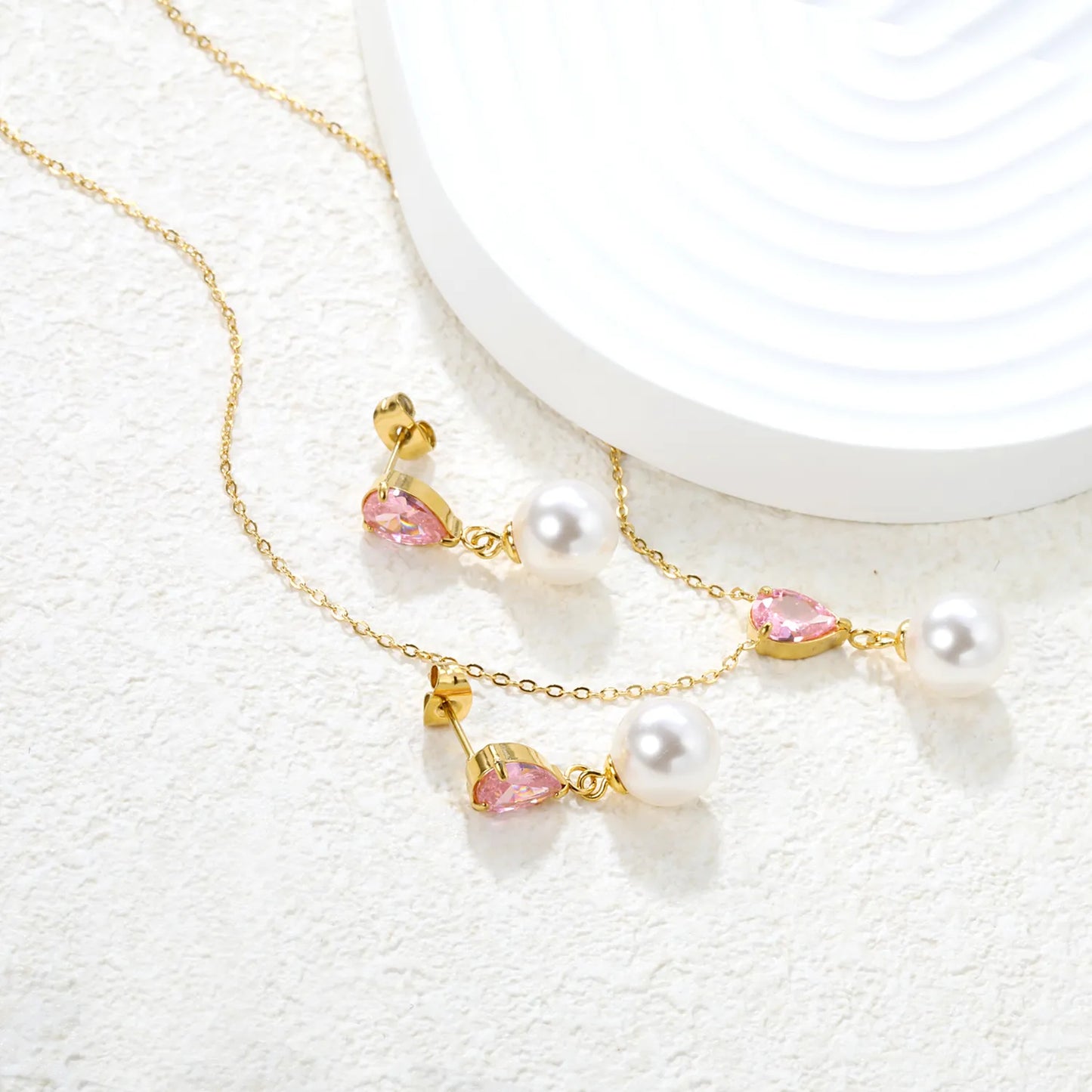 ✨💎 Teardrop Zirconia & Pearl Set: Earrings + Pendant | Gold Stainless Steel Jewelry Wholesale
