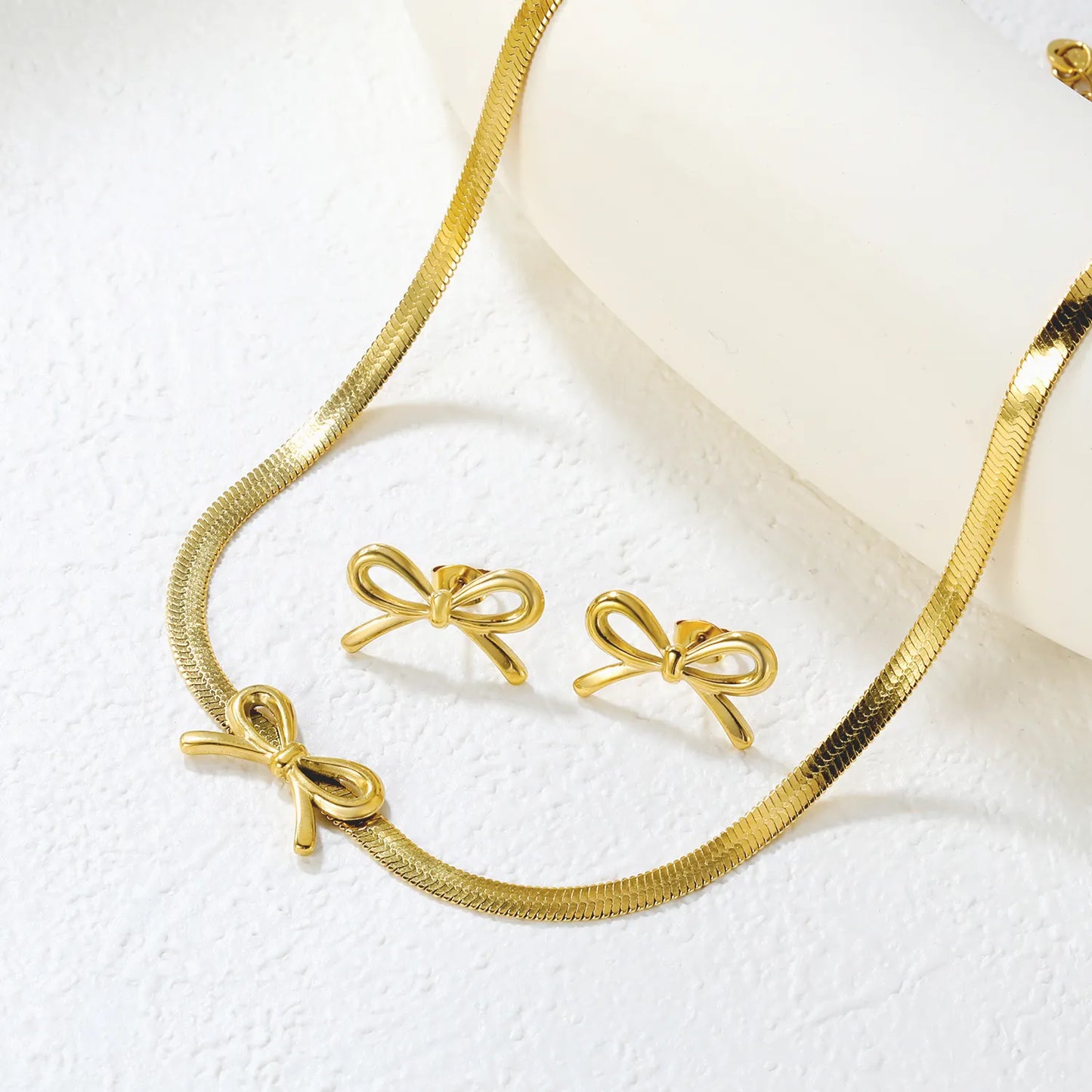 ✨ Wholesale Bow Set: 12x20mm Earrings + Pendant w/ Knife Chain | Stainless Steel/Gold | Hypoallergenic