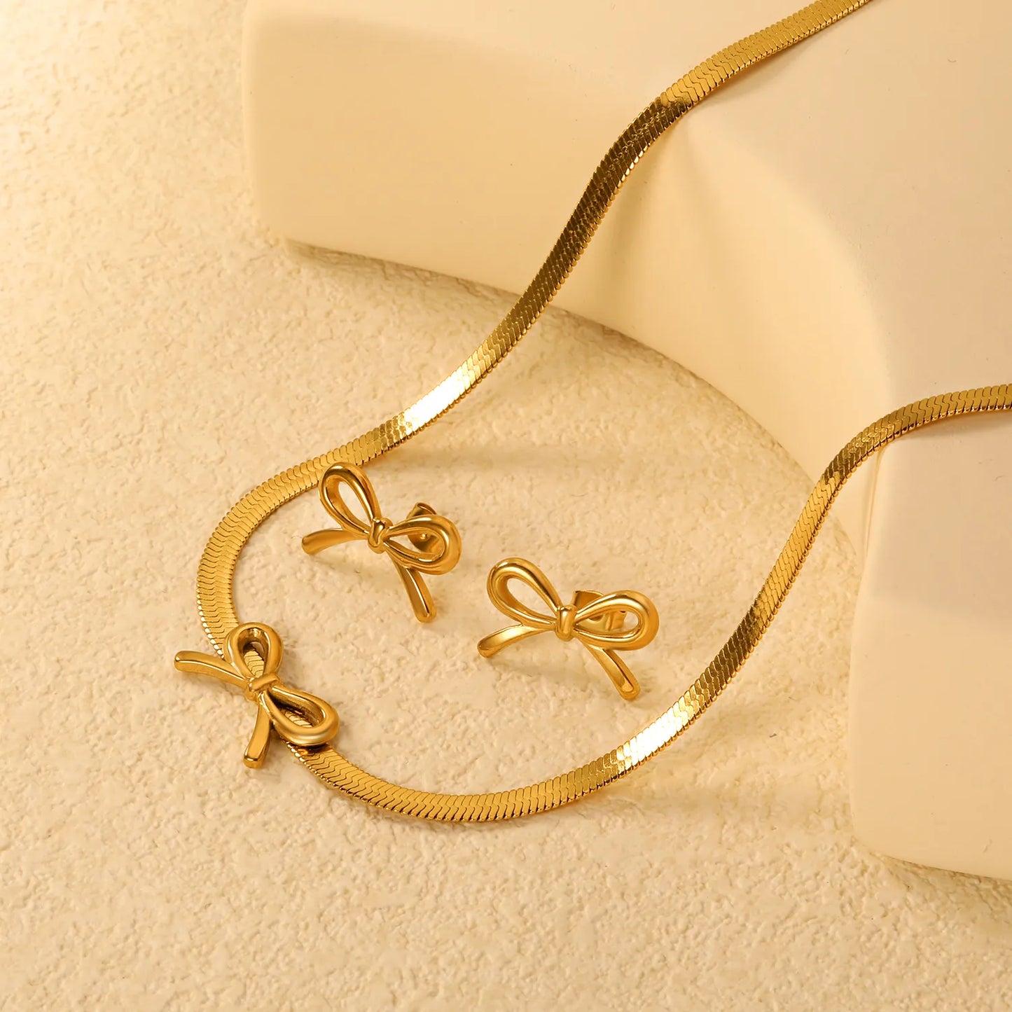✨ Wholesale Bow Set: 12x20mm Earrings + Pendant w/ Knife Chain | Stainless Steel/Gold | Hypoallergenic