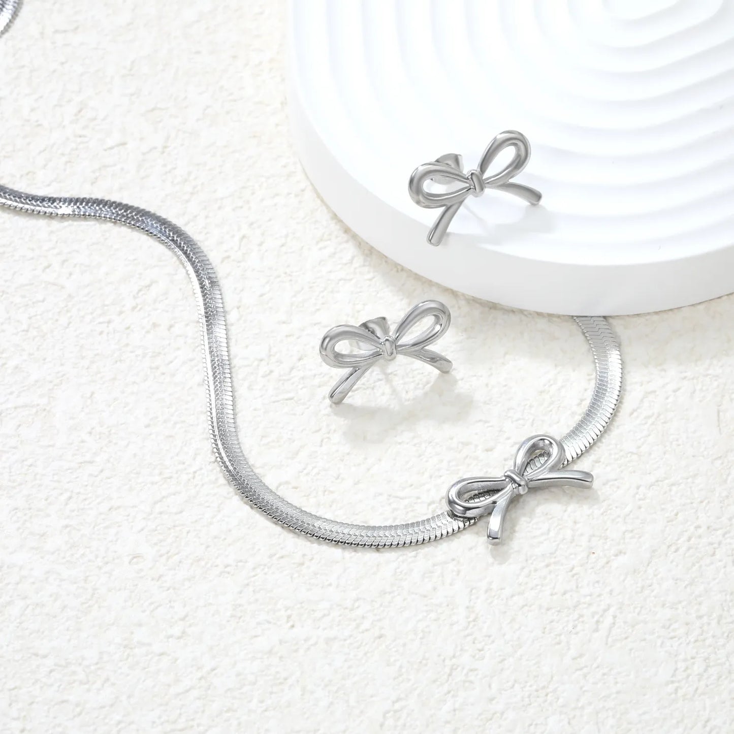 ✨ Wholesale Bow Set: 12x20mm Earrings + Pendant w/ Knife Chain | Stainless Steel/Gold | Hypoallergenic